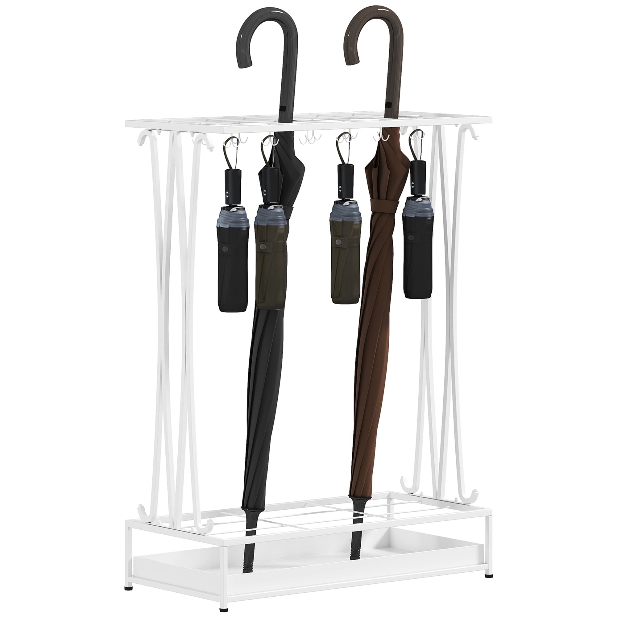 HOMCOM Porte-Parapluie Moderne en Acier avec 21 Emplacements et 24 Crochets Bac de Récupération Amovible pour Entrée 50x24x68 cm Blanc