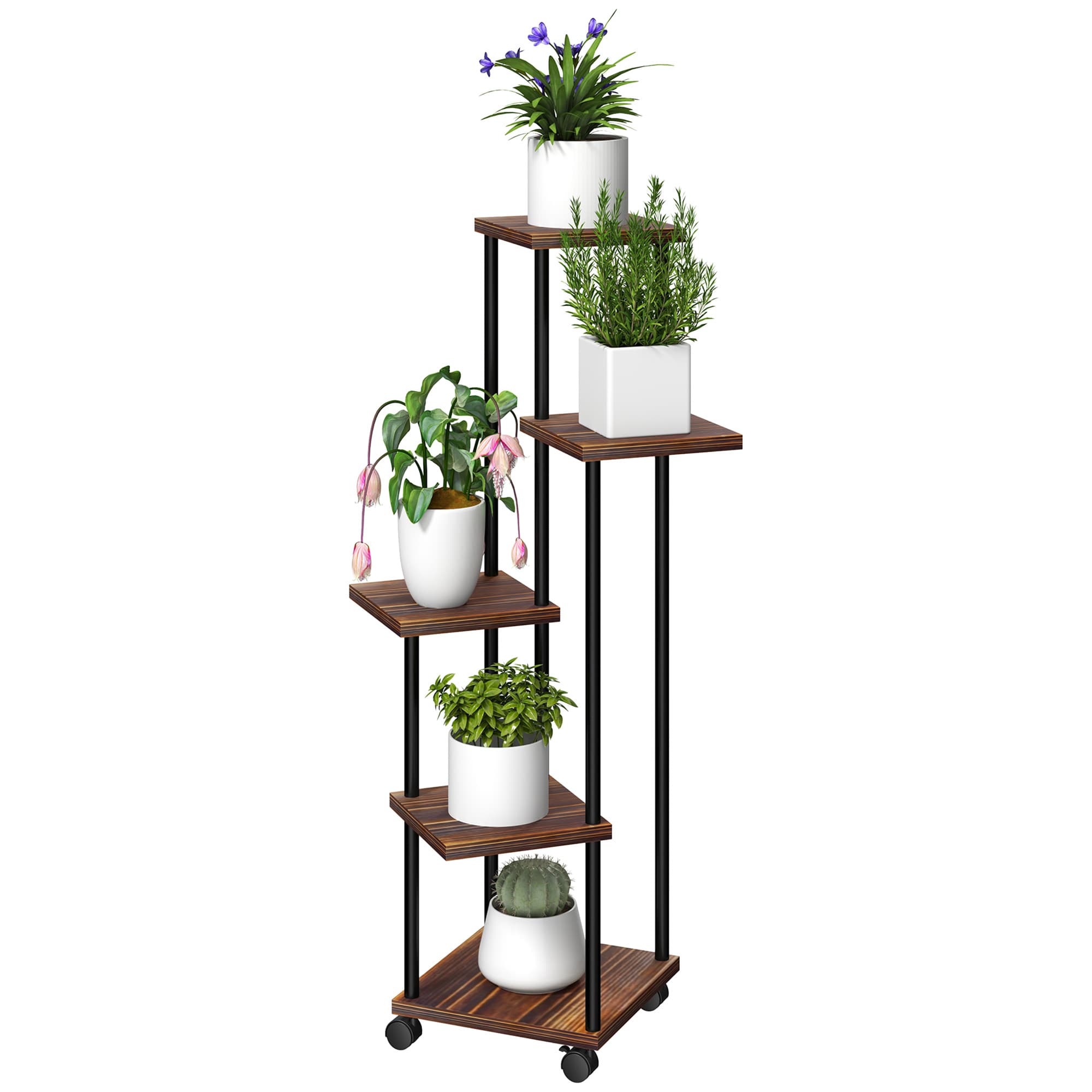 Outsunny Support de Fleurs avec 5 Niveaux, Support de Plantes à 5 Étages, Conception Décalée, Facile à Déplacer, Bois, Acier
