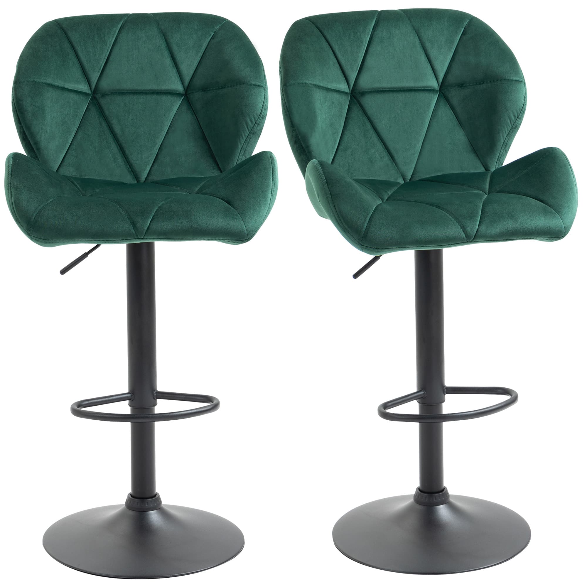 HOMCOM Lot 2 Tabourets de Bar, Hauteur Réglable avec Base en Métal et Assise en Velours, Tabourets Modernes avec Dossier et Repose-Pieds, 46x48x83-104cm, Vert