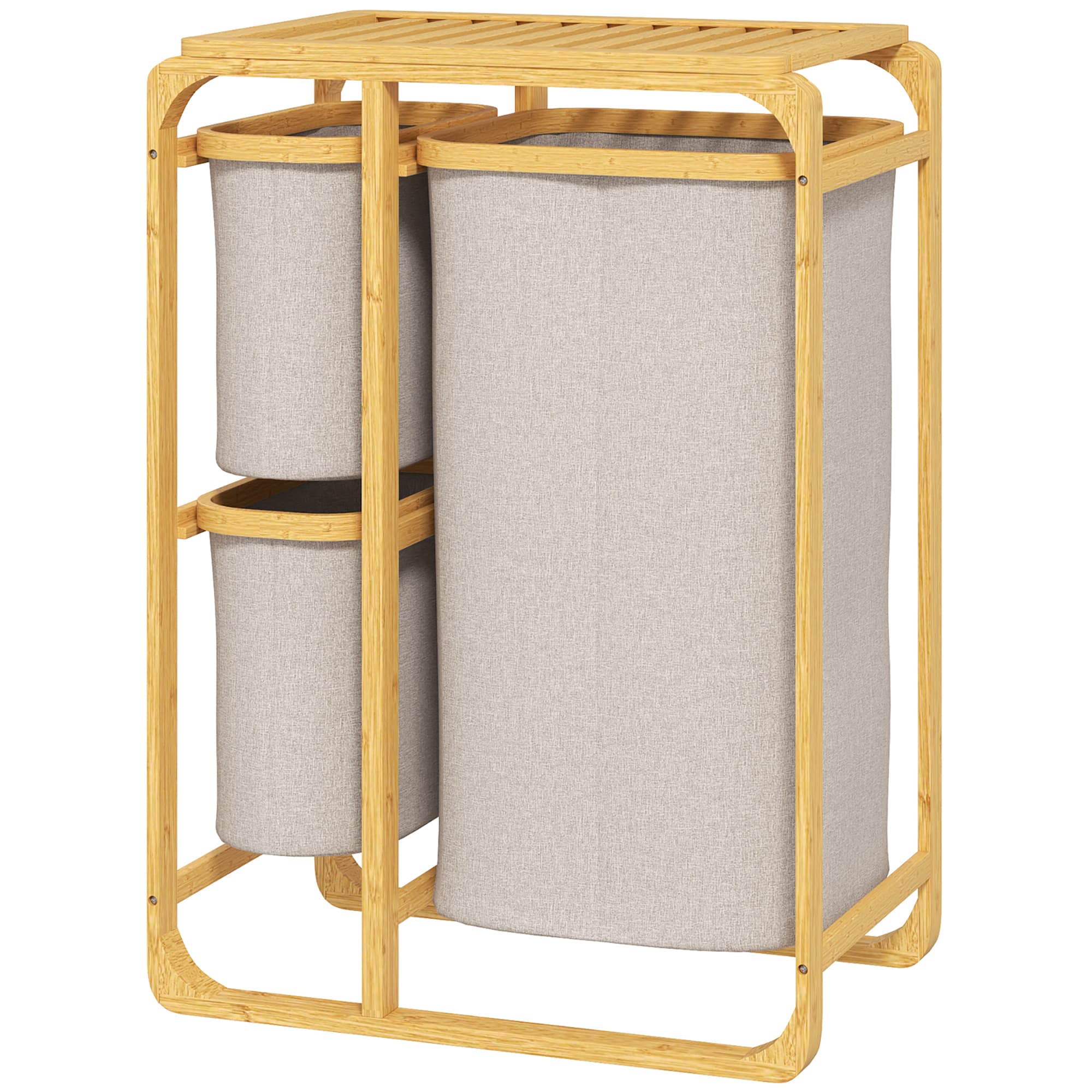 HOMCOM Panier à Linge en Bambou avec 3 Sacs et Plateaux Amovibles en Tissu, 50x32x69,7 cm, couleur Bambou et Crème