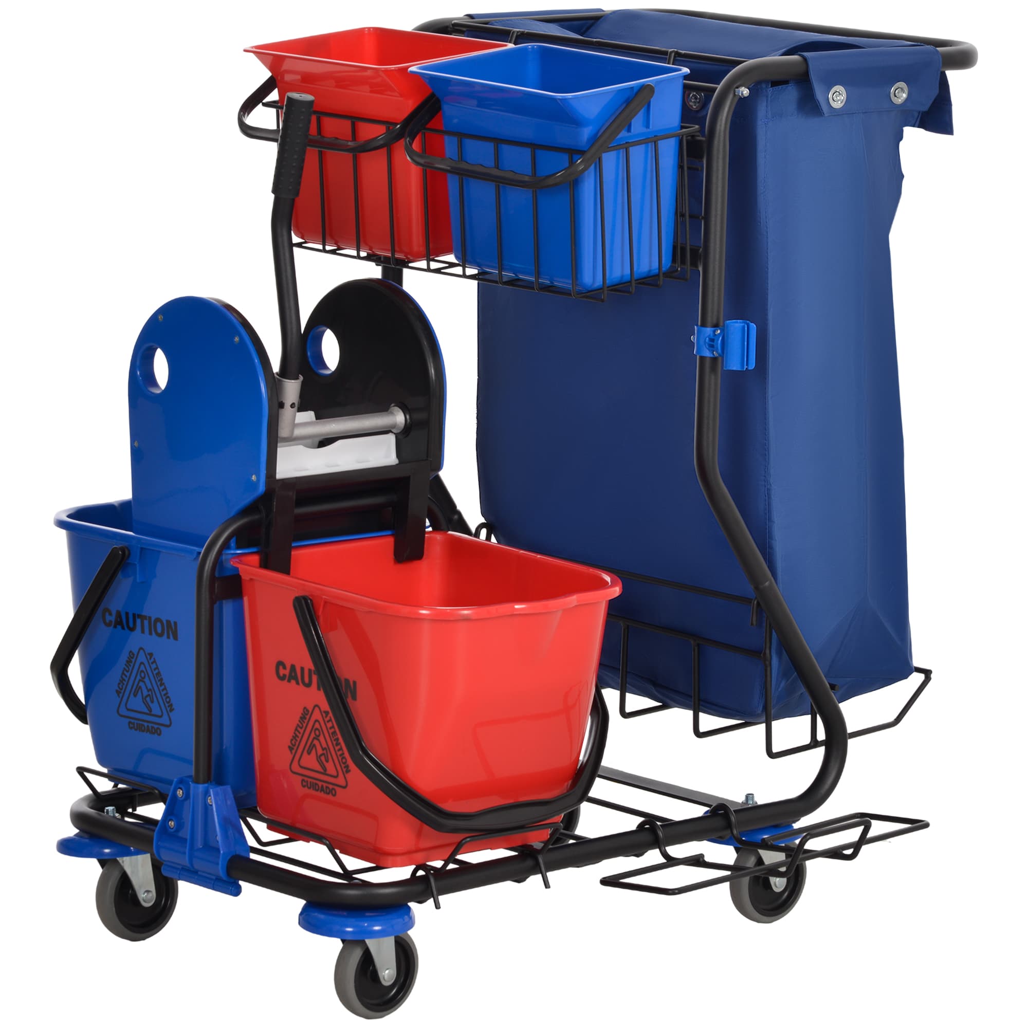 HOMCOM Chariot de Nettoyage avec Sac à Déchets, 4 Seaux et Presse à Balai, 93x80x97 cm, Rouge, Bleu et Noir