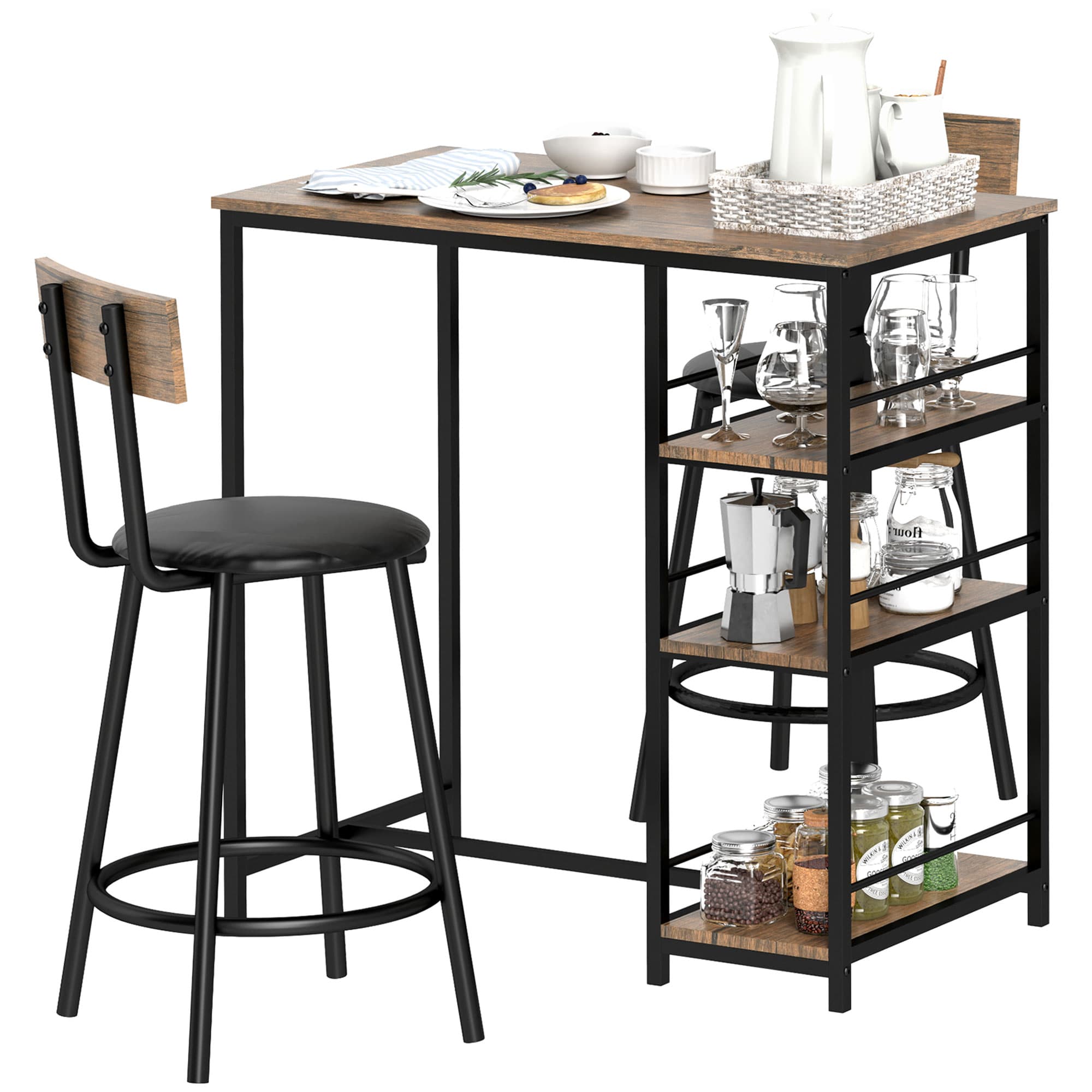 HOMCOM Ensemble de 3 pièces de bar avec table de bar et 2 chaises, petit ensemble de cuisine avec étagères latérales, MDF, métal, noir