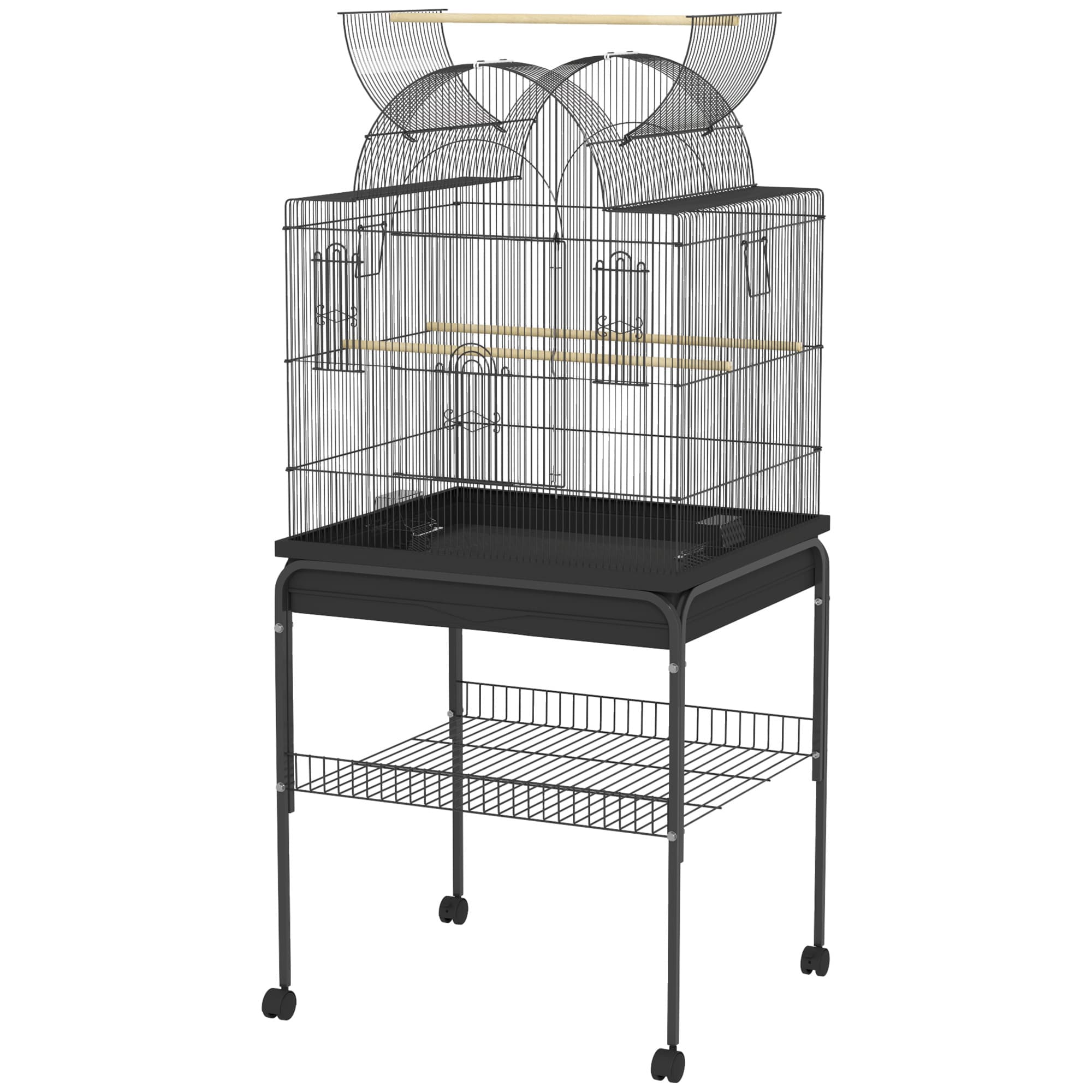 PawHut Cage à Oiseaux pour Canaris & Perruches, mobile, avec étagère inférieure, grille en métal, Noir
