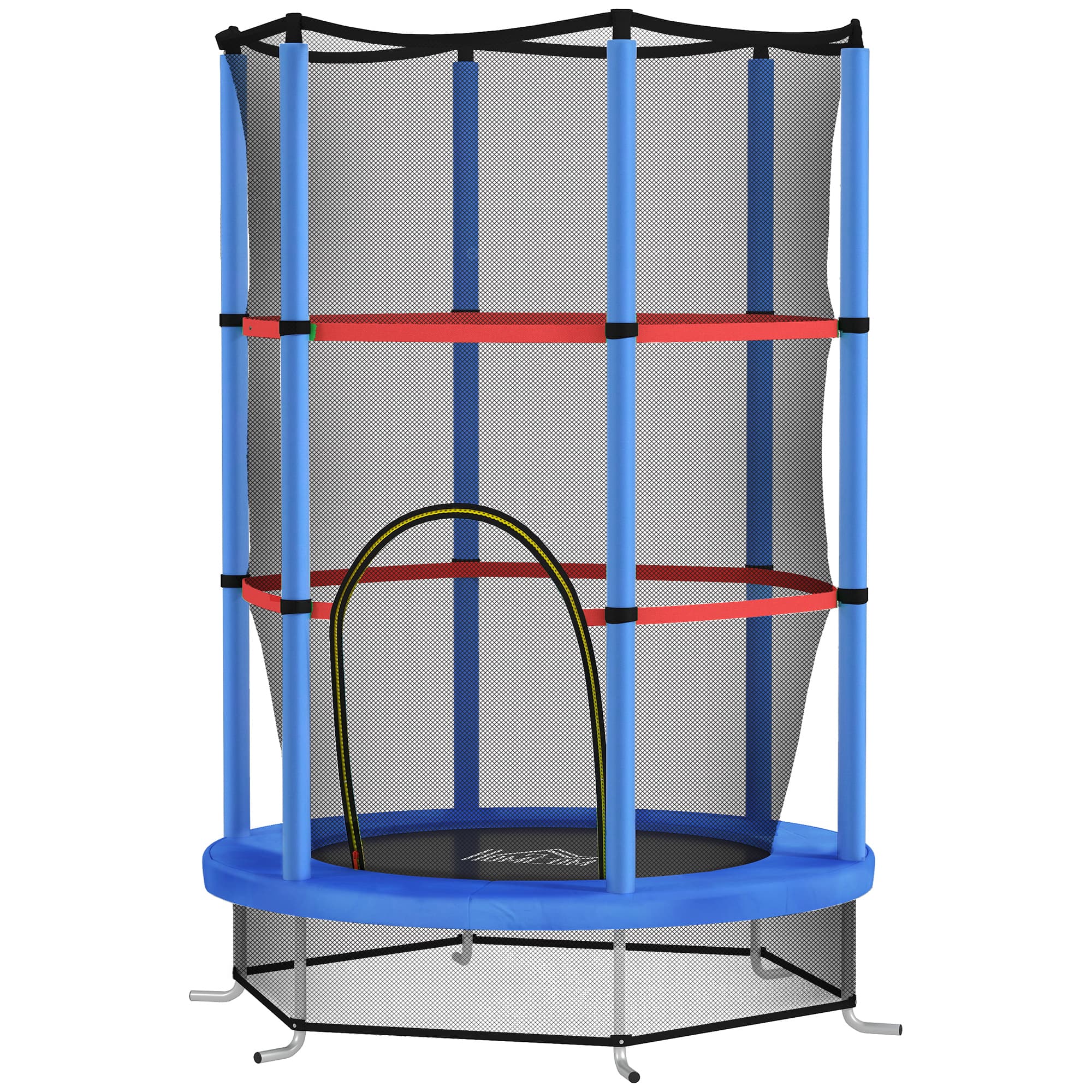 HOMCOM Tapis de Saut Élastique pour Enfants 3-6 Ans avec Filet de Protection, 6 Colonnes et 3 Entrées, Ø140x190 cm, Bleu et Noir