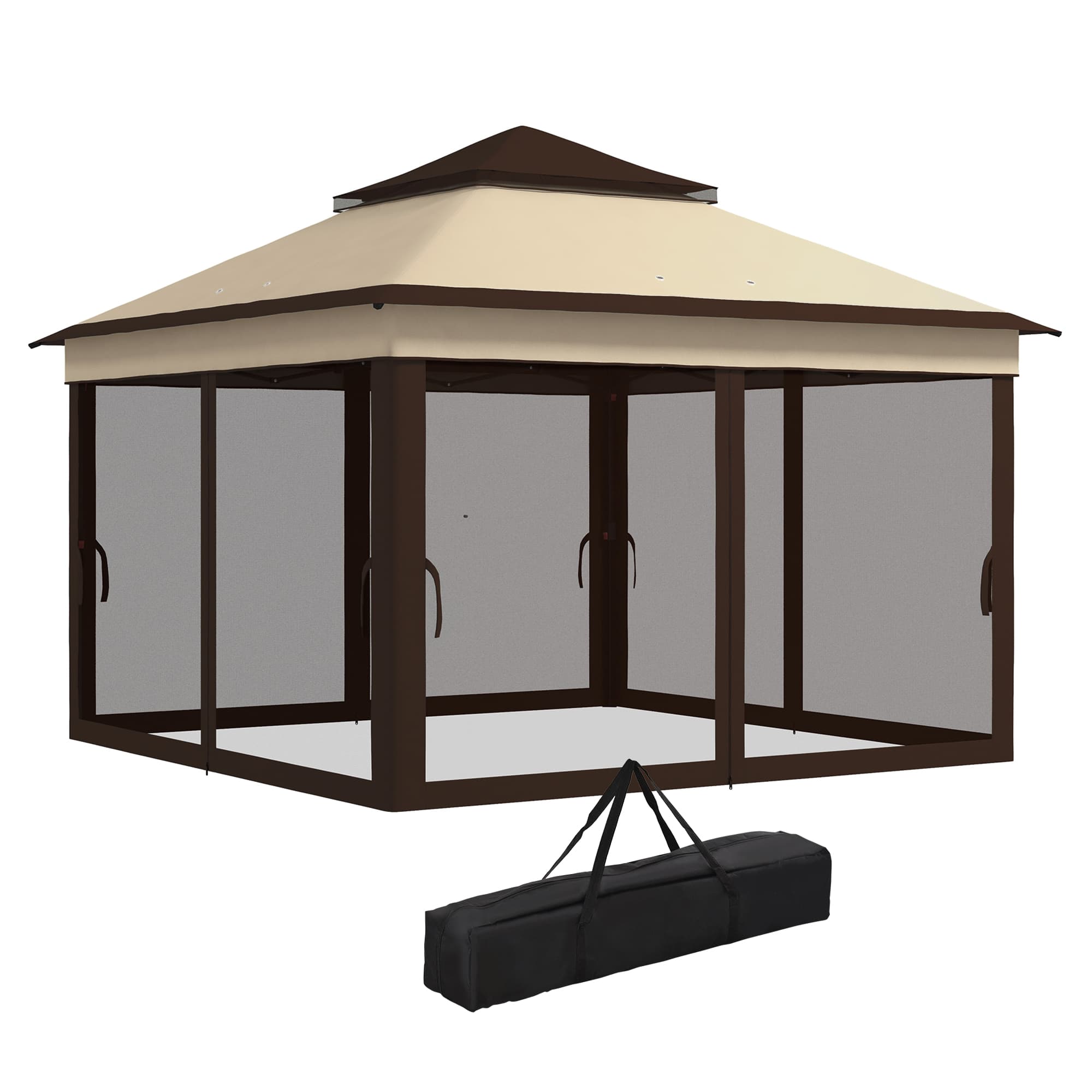 Outsunny Tonnelle 3x3 Réglable sur 3 Niveaux avec Parois Amovibles, en Acier et tissu Oxford, couleur Café et Beige
