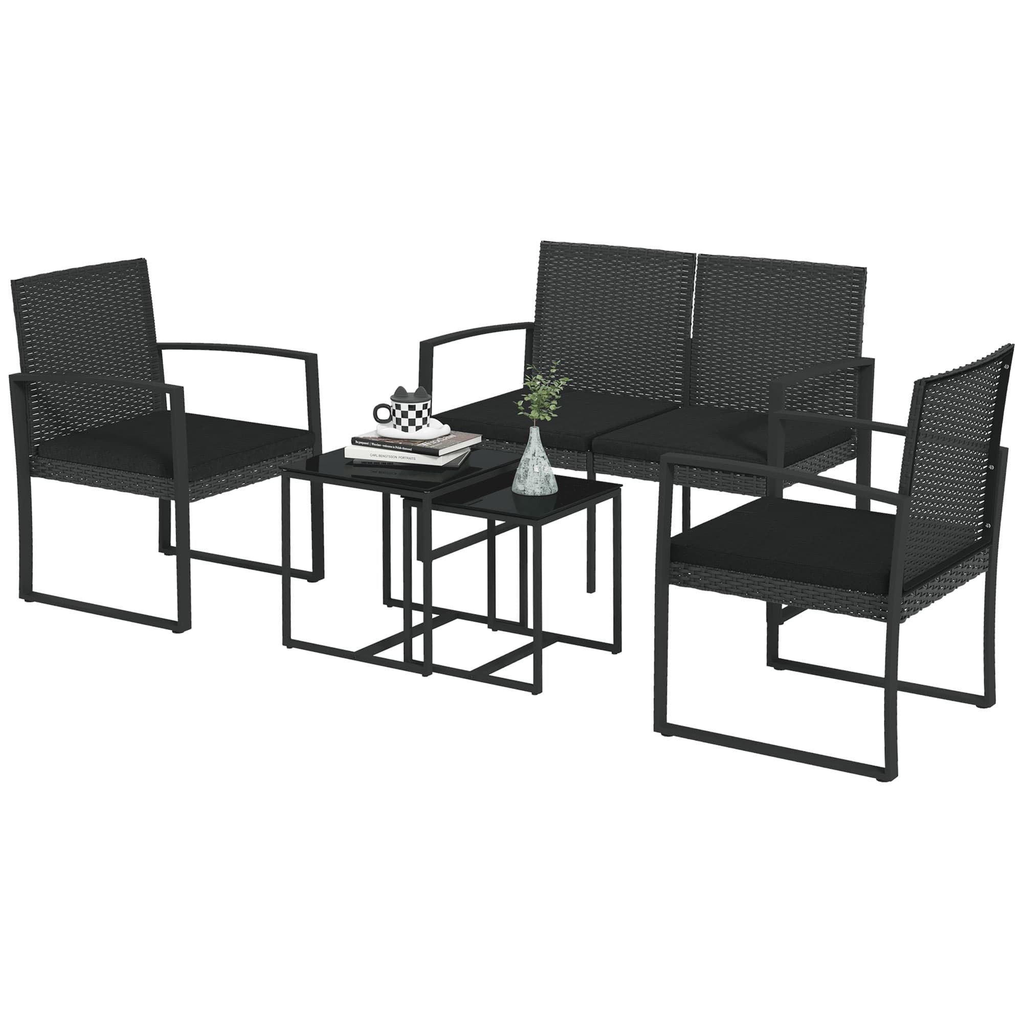 Outsunny Ensemble de Jardin avec 2 Chaises, Canapé et 2 Tables avec Coussins et Plateau en Verre, Noir