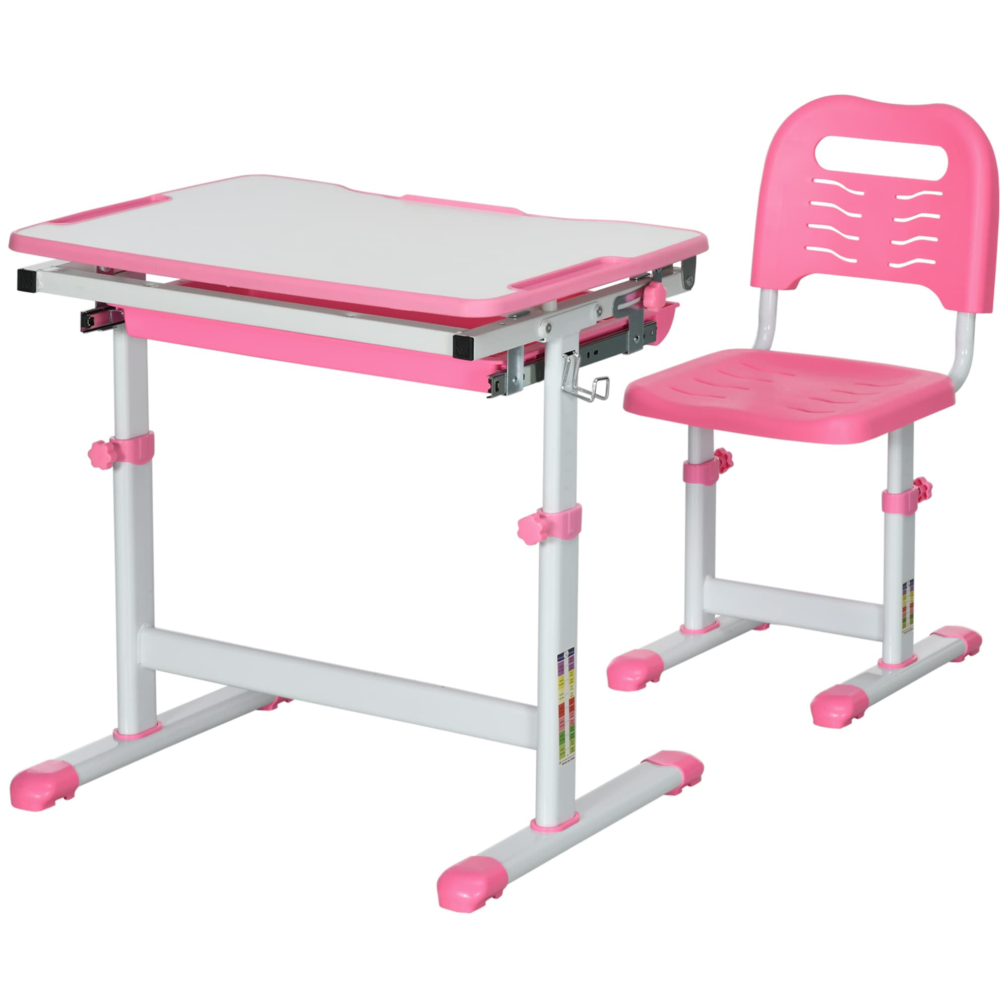 HOMCOM Banc d'École pour Enfants 6-12 Ans avec Chaise et Hauteur Réglable, Bureau Inclinable, 66x47x52-77 cm, Rose