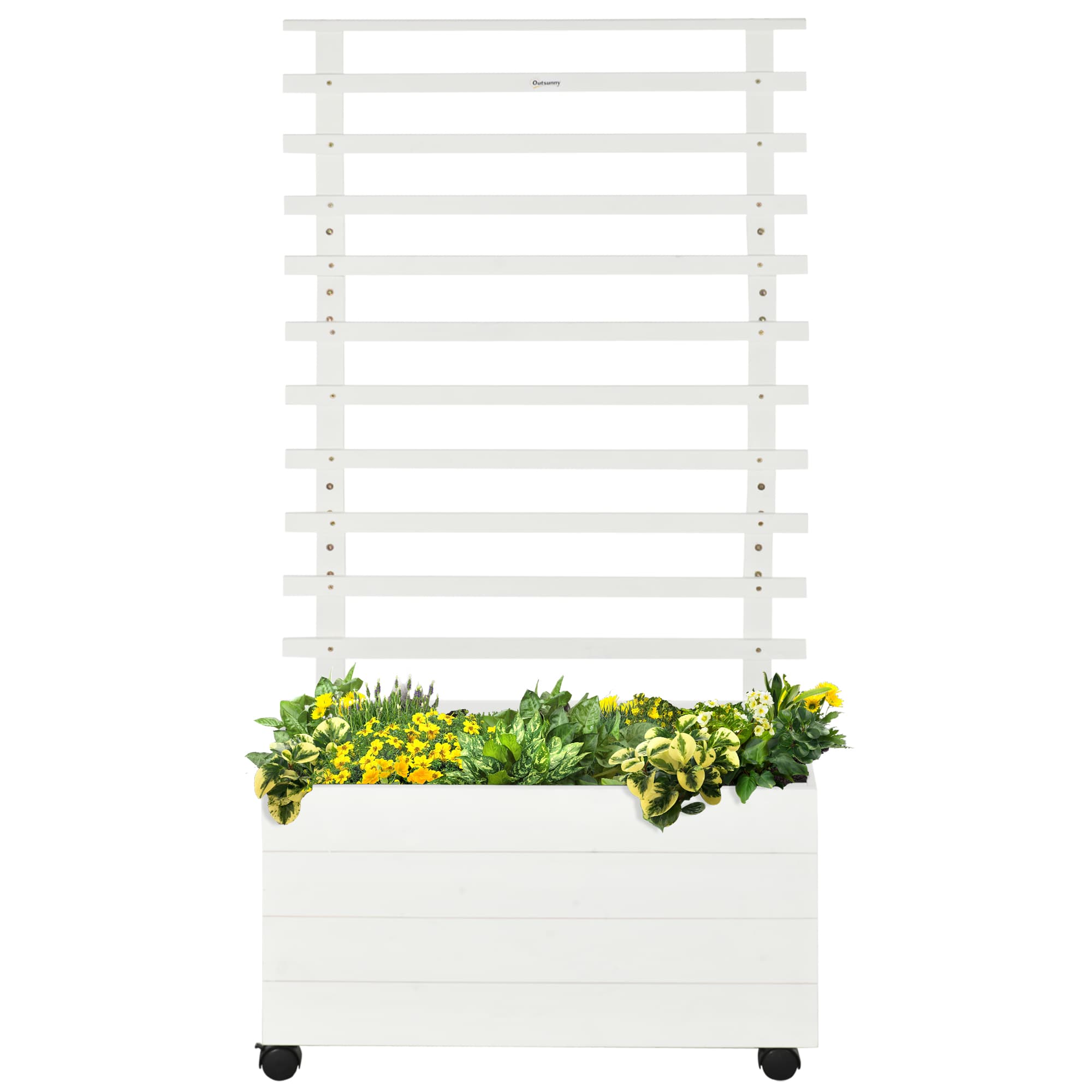 Outsunny Jardinière Verticale avec 4 Roues et Treillis pour Plantes Grimpantes en Bois, 76x30x155cm, Blanc