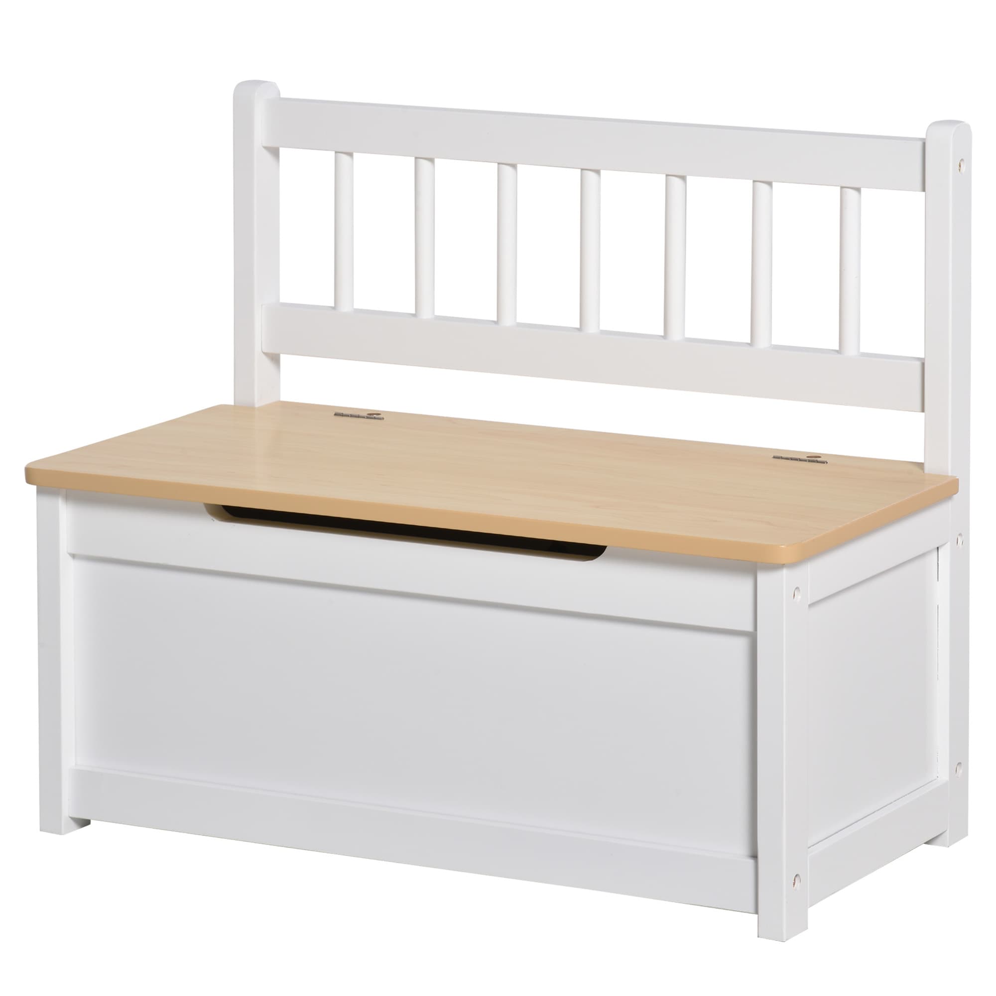 HOMCOM Coffre de Rangement pour Enfants 2 en 1 en Bois avec Piston de Fermeture Sécurisé, 60x30x50cm Blanc et Bois Naturel