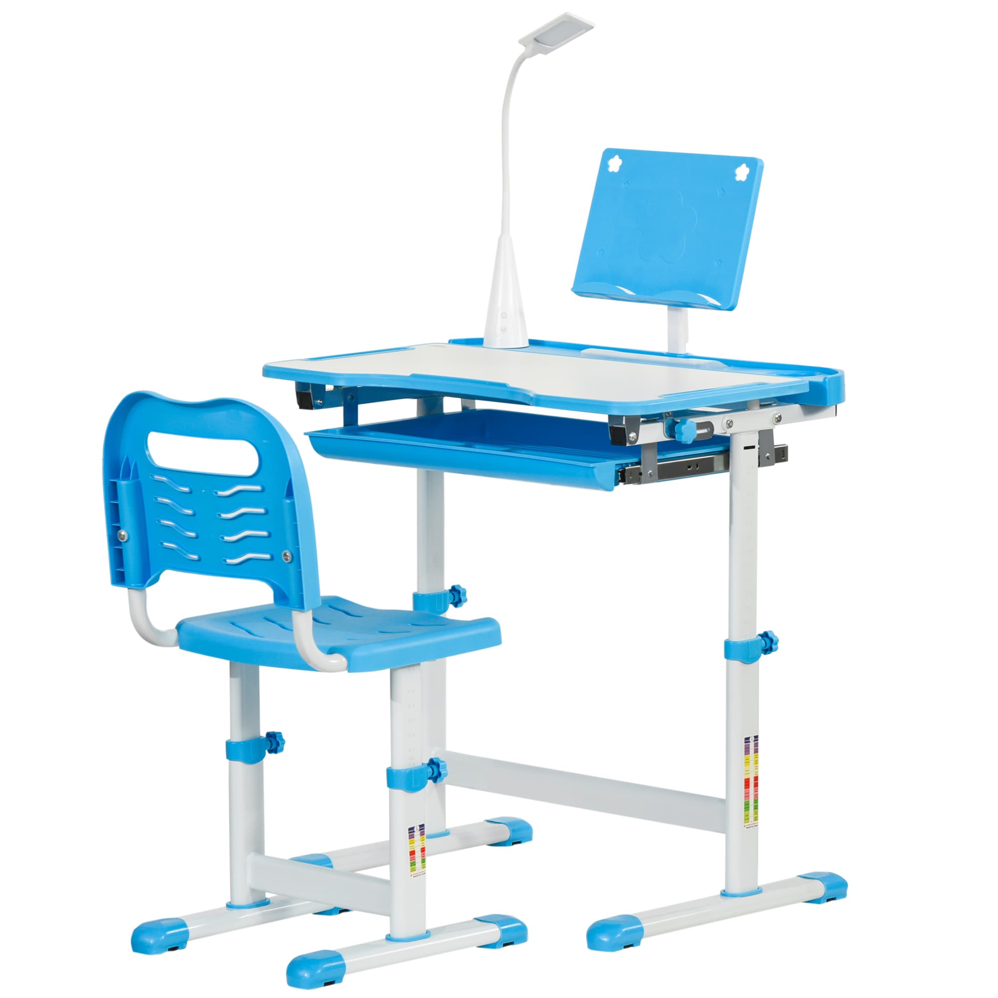 HOMCOM Ensemble Bureau d'École avec Chaise pour Enfants 6-12 Ans Hauteur et Inclinaison Réglable, Bleu
