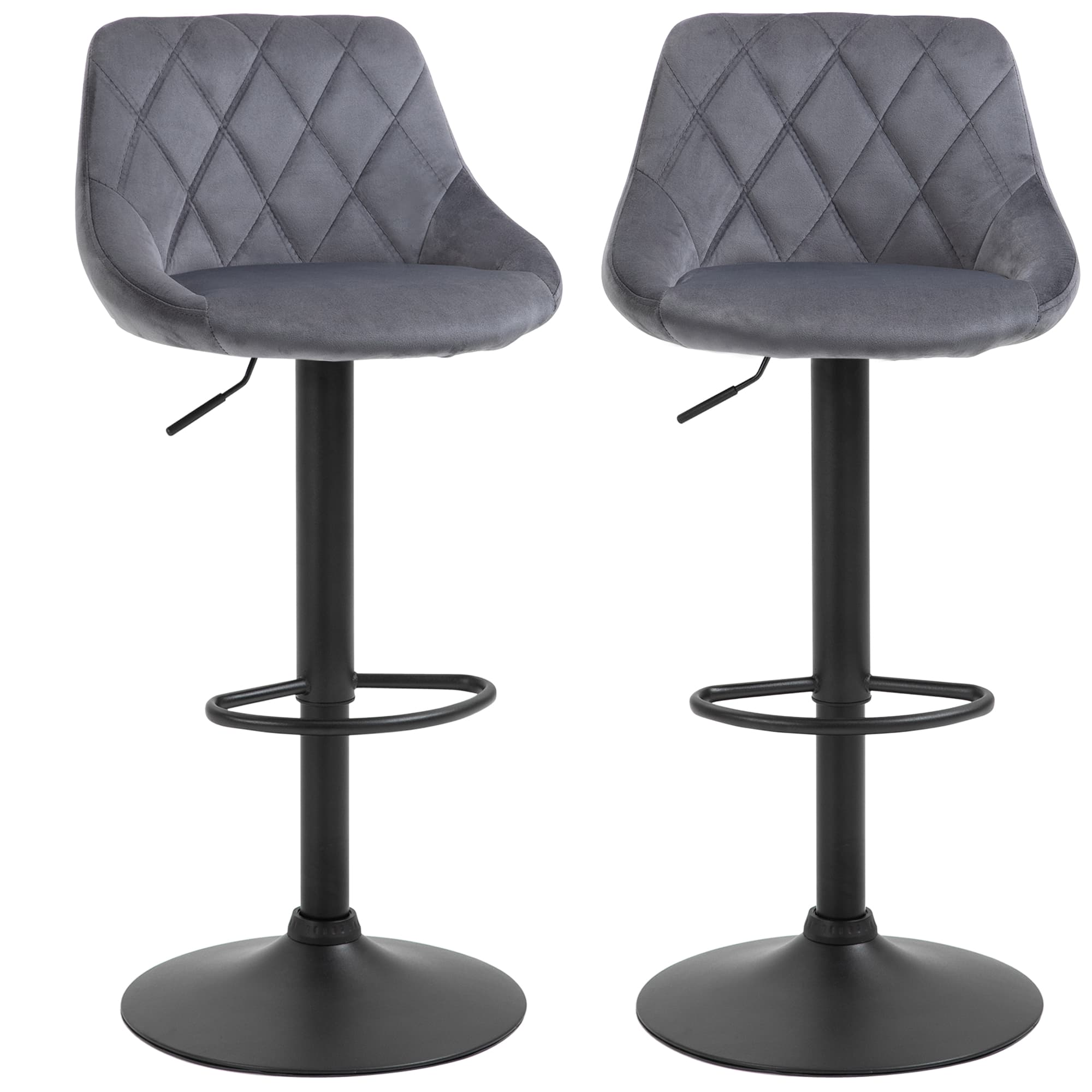 HOMCOM Lot de 2 Tabourets de Bar, Hauteur Réglable avec Base en Métal et Siège en Velours, Tabourets Modernes avec Dossier et Repose-Pieds, 46x48x83-104cm, Gris et Noir