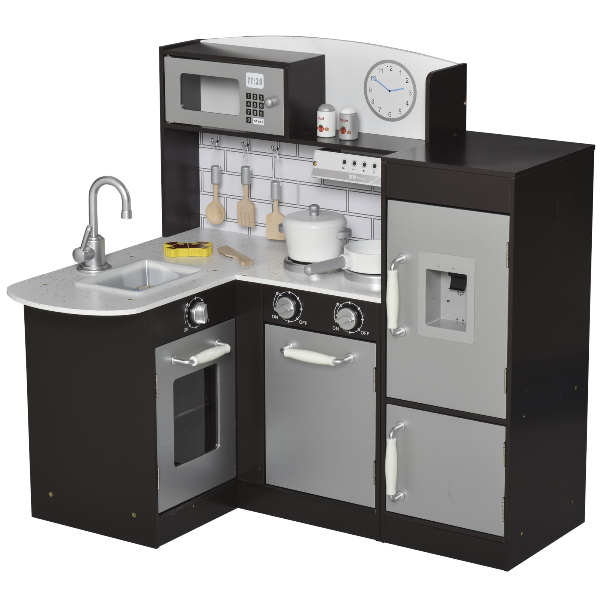 HOMCOM Cuisine Jouet pour Enfants en Bois avec 14 Accessoires, Four, Évier, Frigo et Micro-Ondes, Âge 3+ Ans, 86x64x84.5cm, Argent et Marron