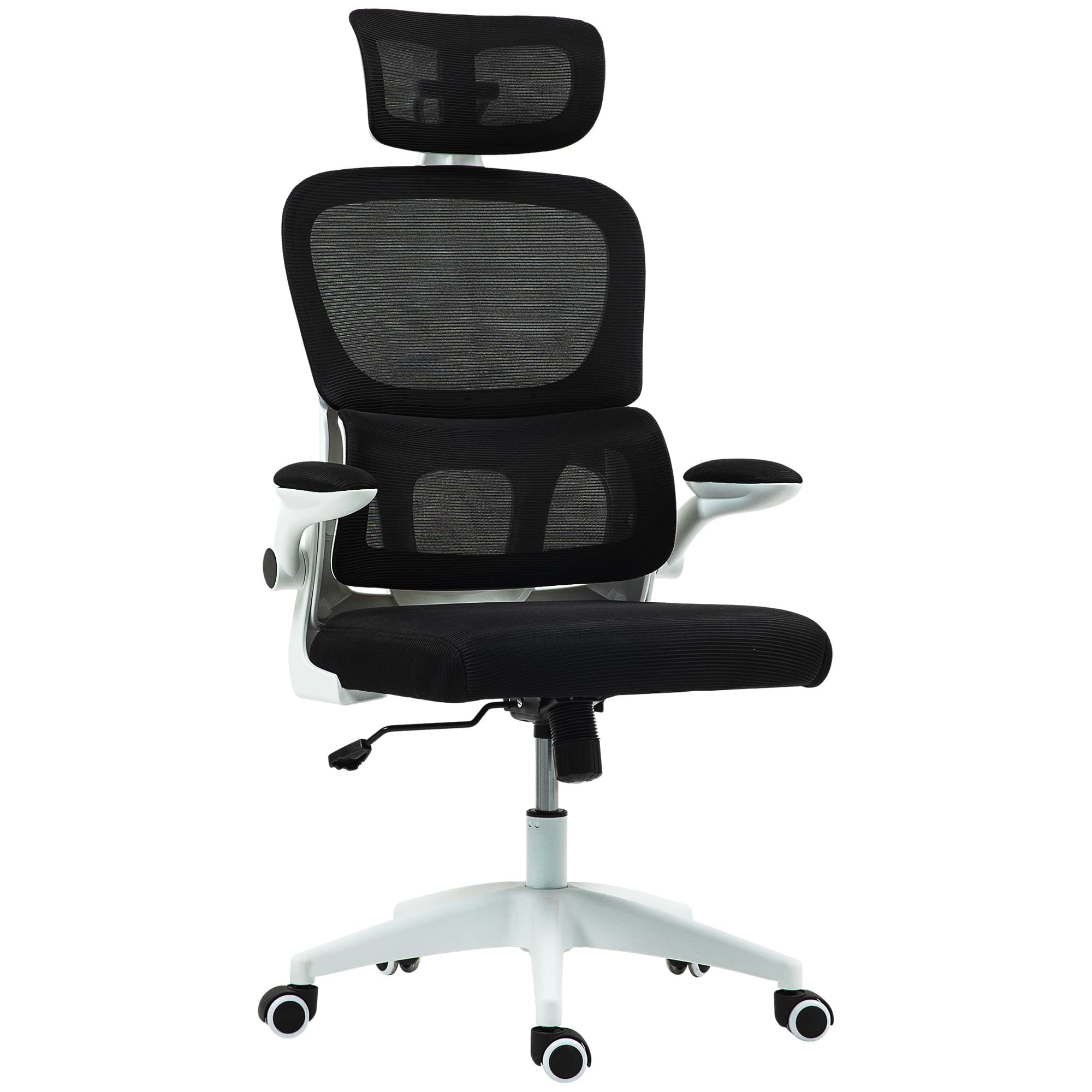 HOMCOM Chaise de Bureau Pivotante avec Appuie-Tête et Hauteur Réglables, Accoudoirs Rabattables et Inclinaison, Noir