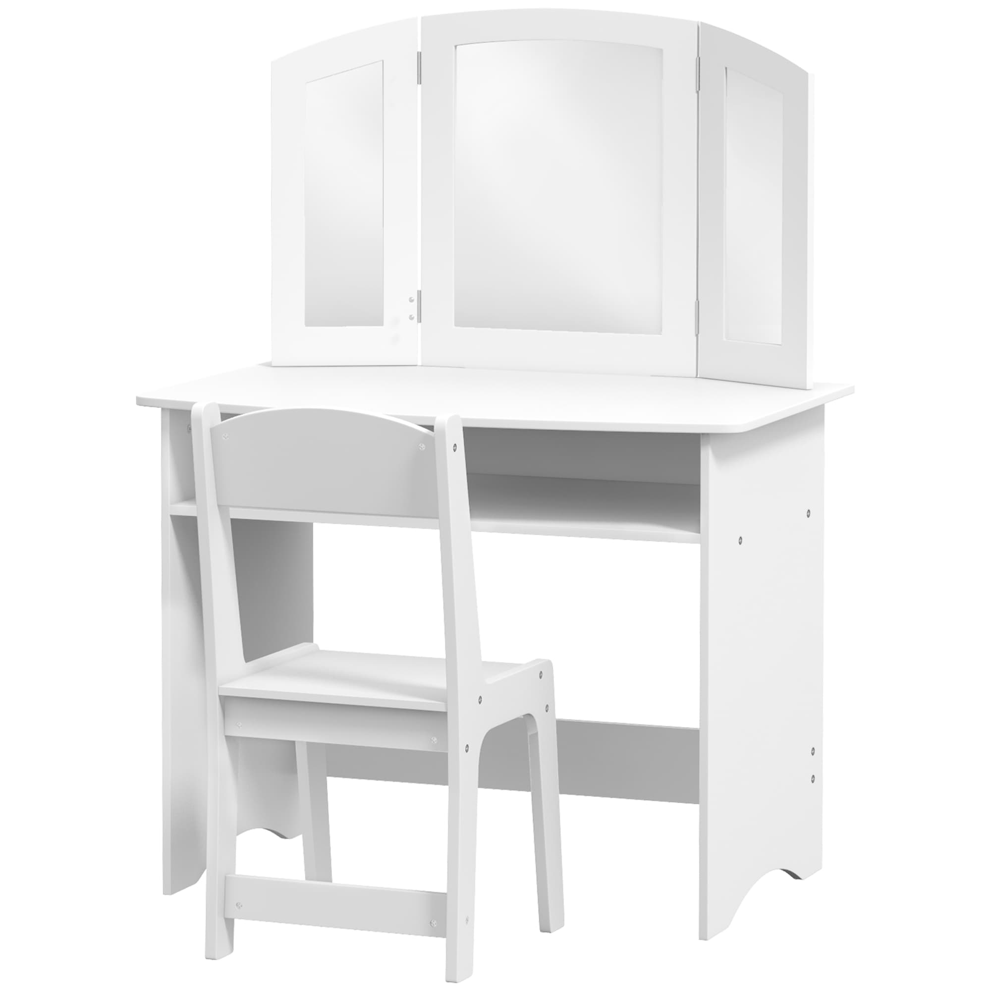 AIYAPLAY Set de Maquillage pour Enfants avec Table de Toilette avec Miroir Triple Amovible et Chaise en Bois Blanc