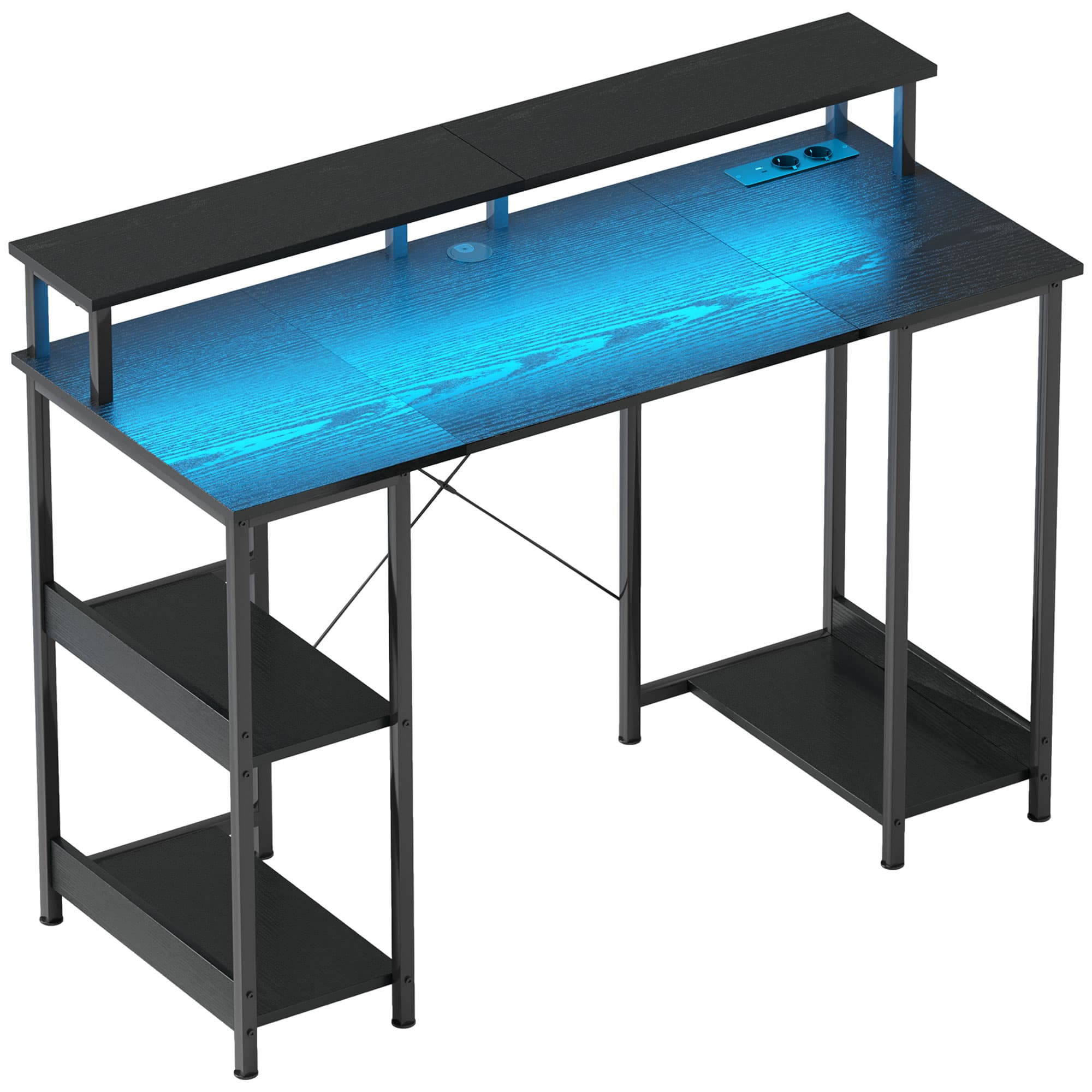 HOMCOM Bureau pour PC Réversible avec Prises Électriques, Lumières, Support pour Moniteur et Étagère, 120x50cm, Noir