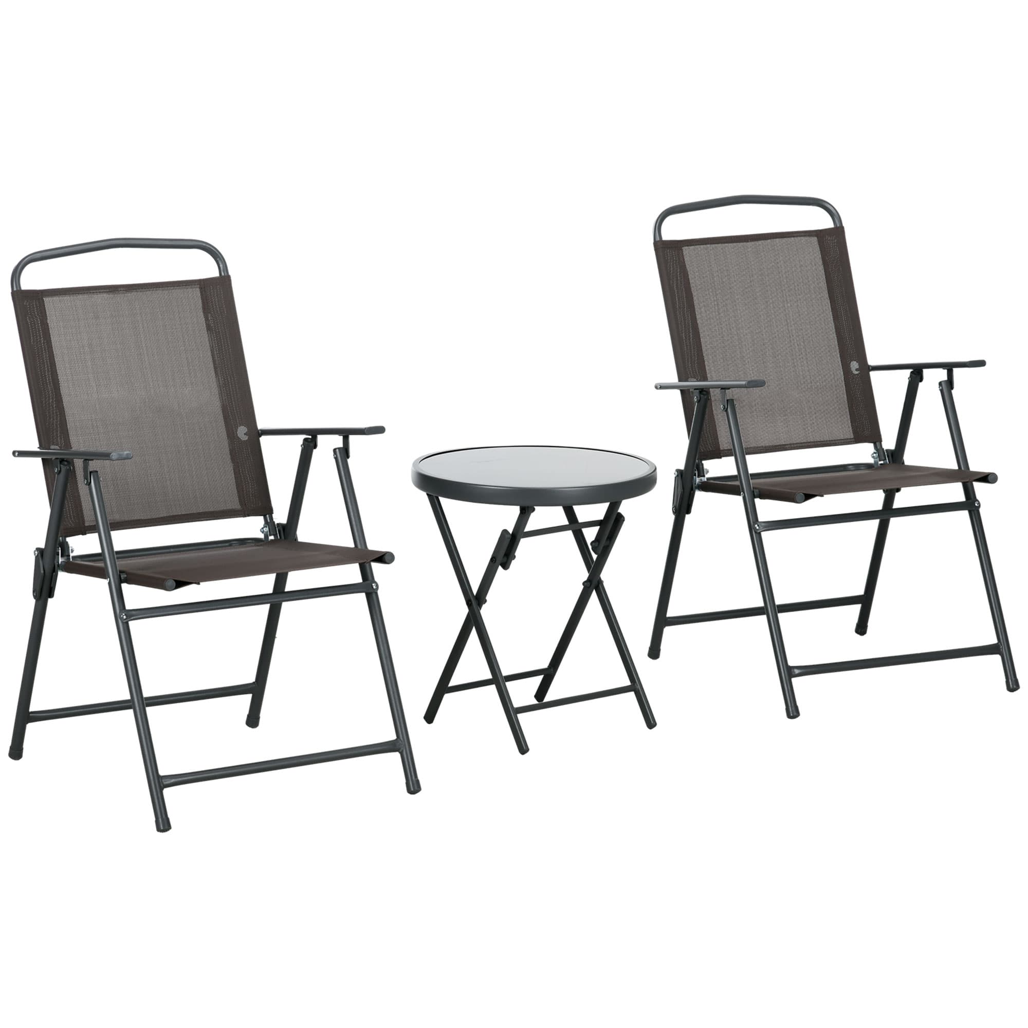 Outsunny Ensemble Bistro 3 pièces en Métal Résistant aux Intempéries Set de Mobilier de Jardin avec Table Pliante en Verre Chaises Marron