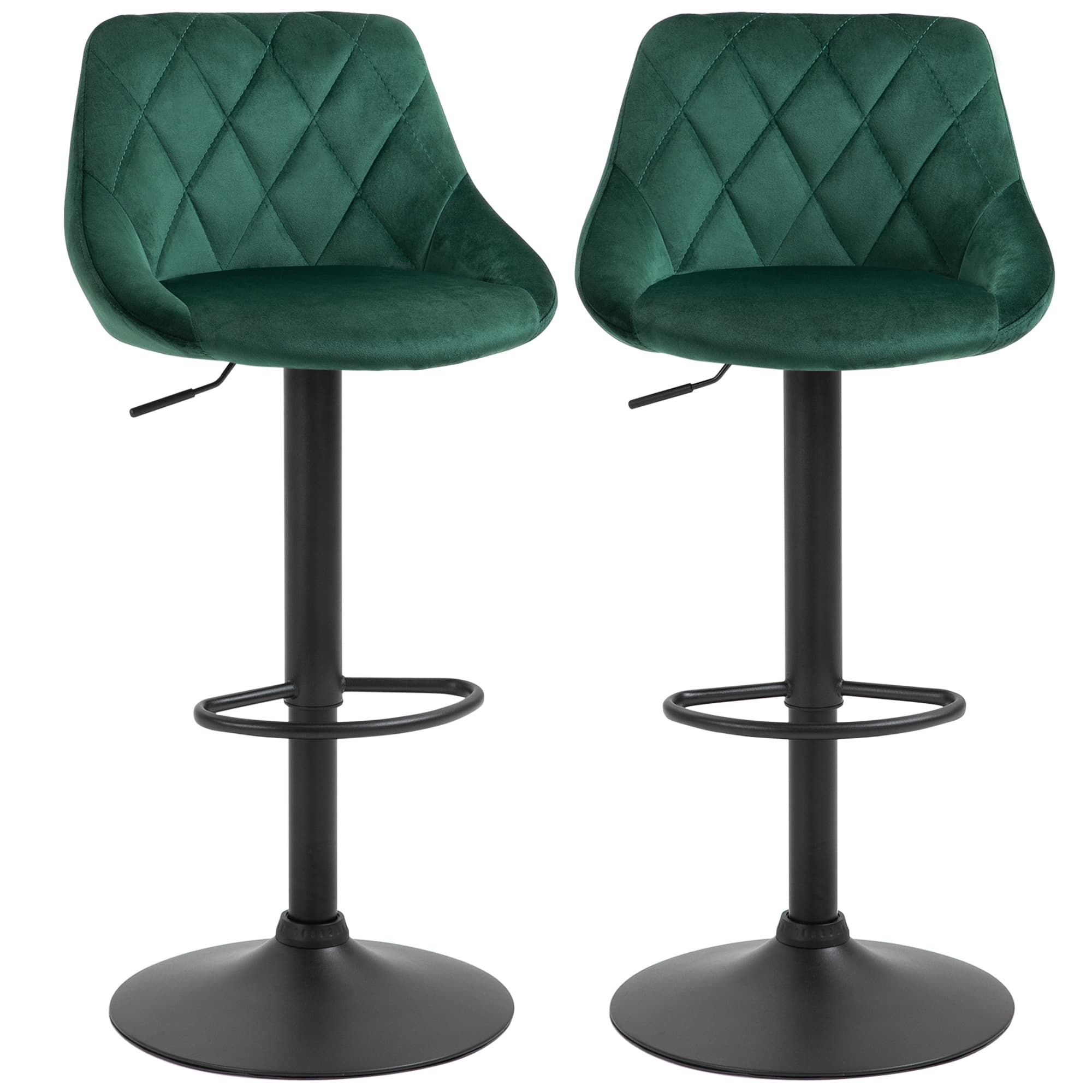HOMCOM Lot de 2 Tabourets de Bar, Hauteur Réglable avec Base en Métal et Assise en Velours, Tabourets Modernes avec Dossier et Repose-Pieds, 46x48x83-104 cm, Vert