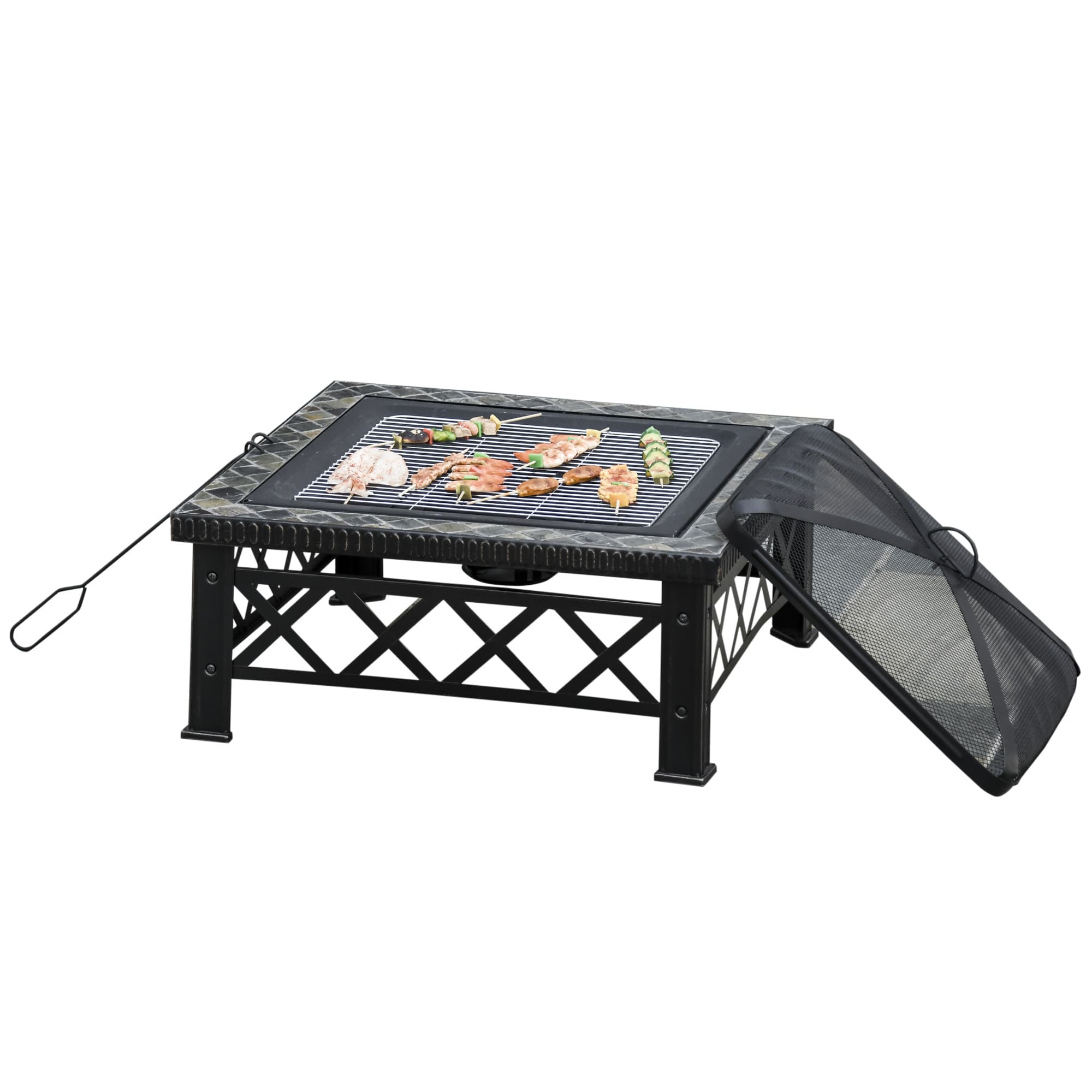 Outsunny 3-en-1 Foyer Mangeoire Brasero avec Grille Pare-étincelles Seau à Glace Jardin BBQ Noir 76cm x 76cm x 47cm