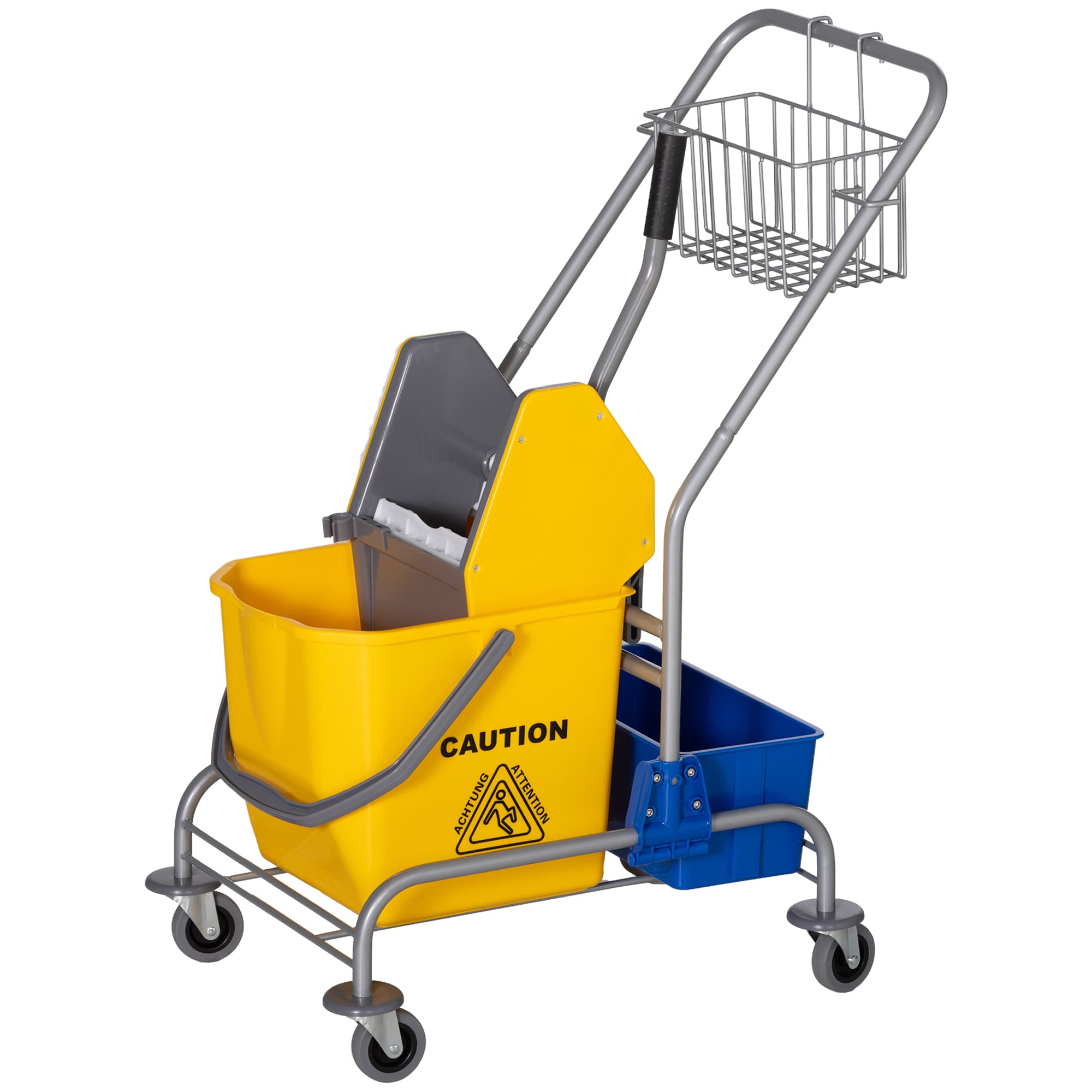 HOMCOM Chariot de Nettoyage avec Essoreuse, Seau 25 L et Étagère en Plastique, en PP et Métal, 72x49.5x95 cm, Bleu et Jaune