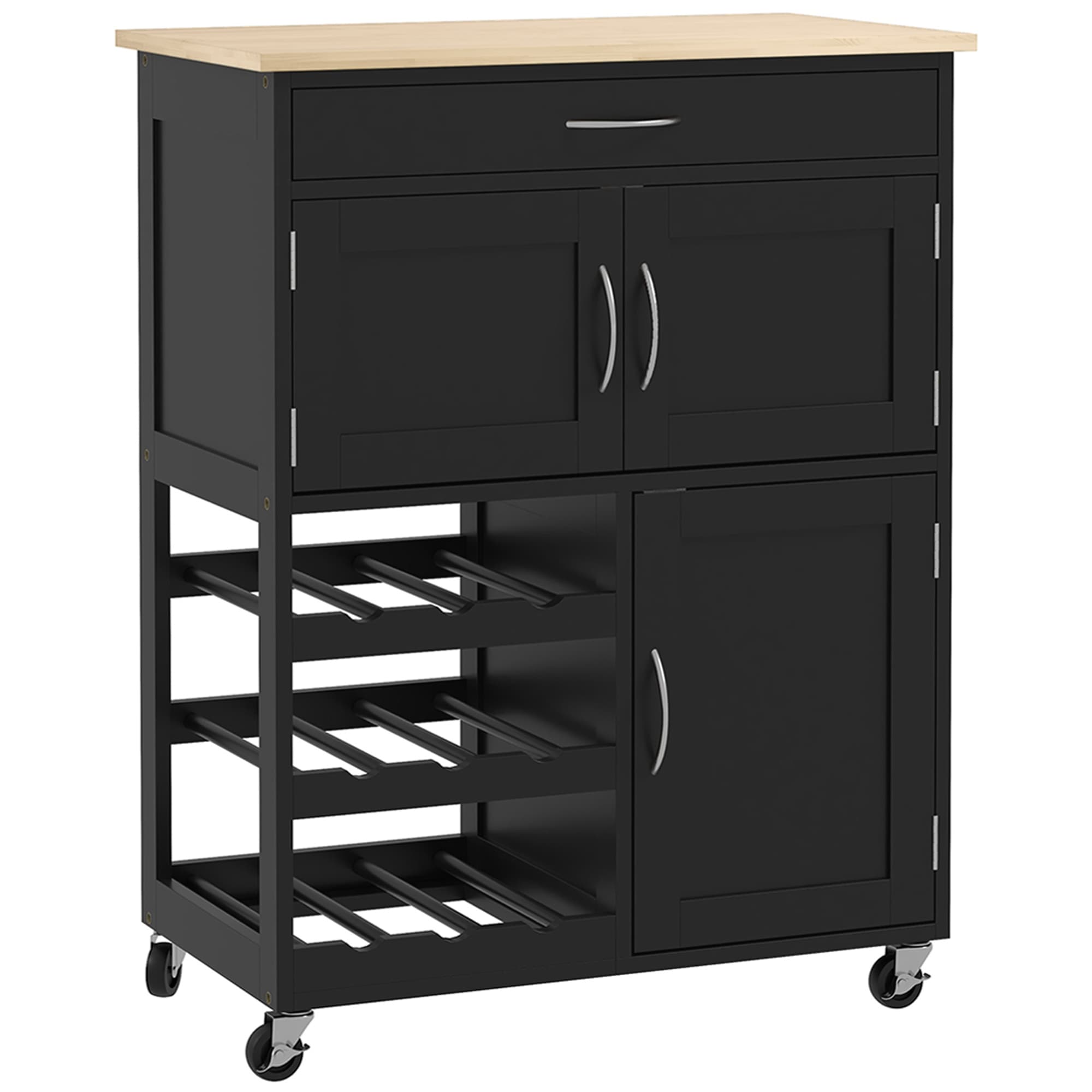 HOMCOM Chariot de Cuisine en Bois avec Porte-bouteilles, 3 Portes et Tiroir, 67x37x87 cm, Noir et Chêne