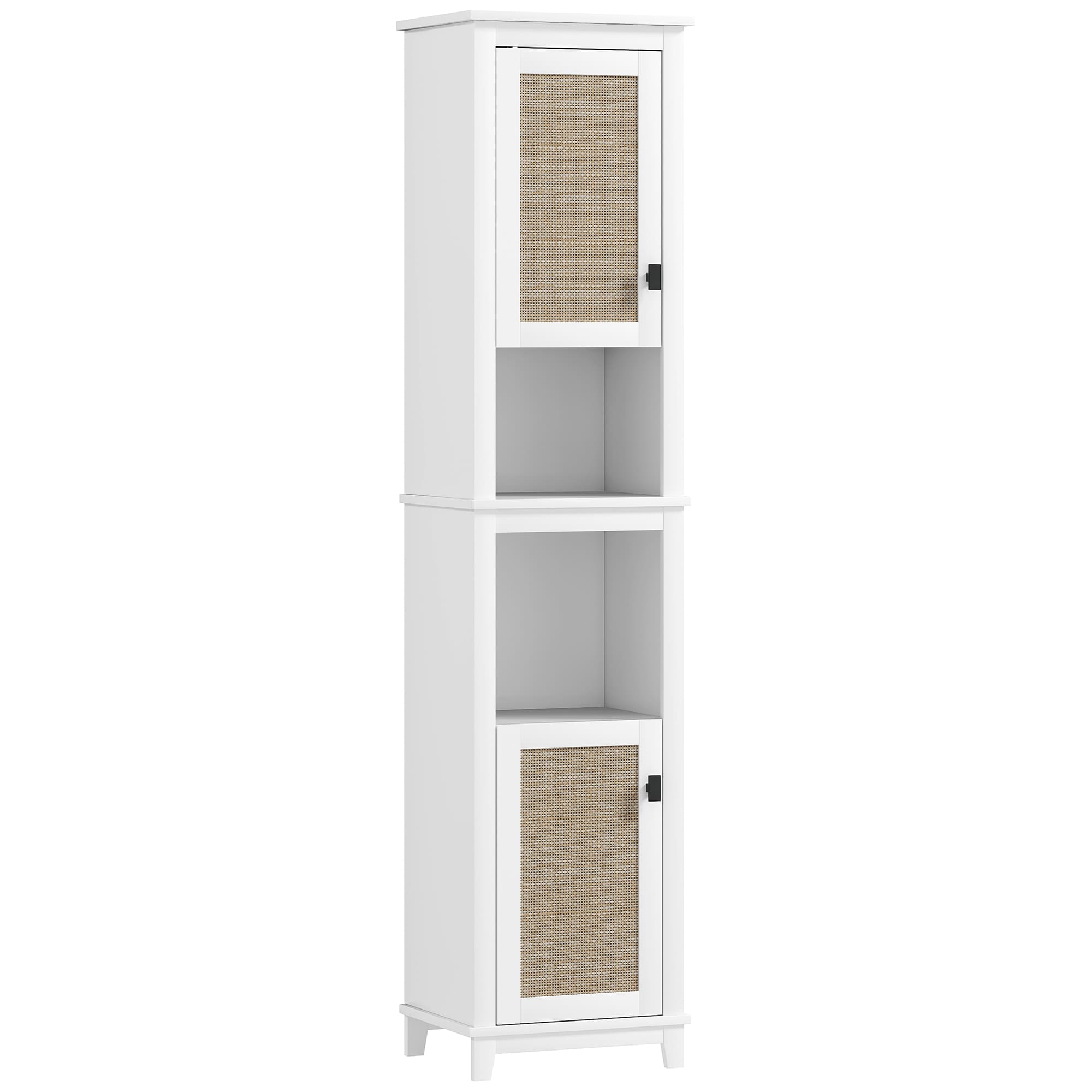 HOMCOM Colonne de Salle de Bain avec Étagères Ajustables 2 Portes avec Façade en Rotin et 2 Compartiments 40x30x167,5 cm Blanc