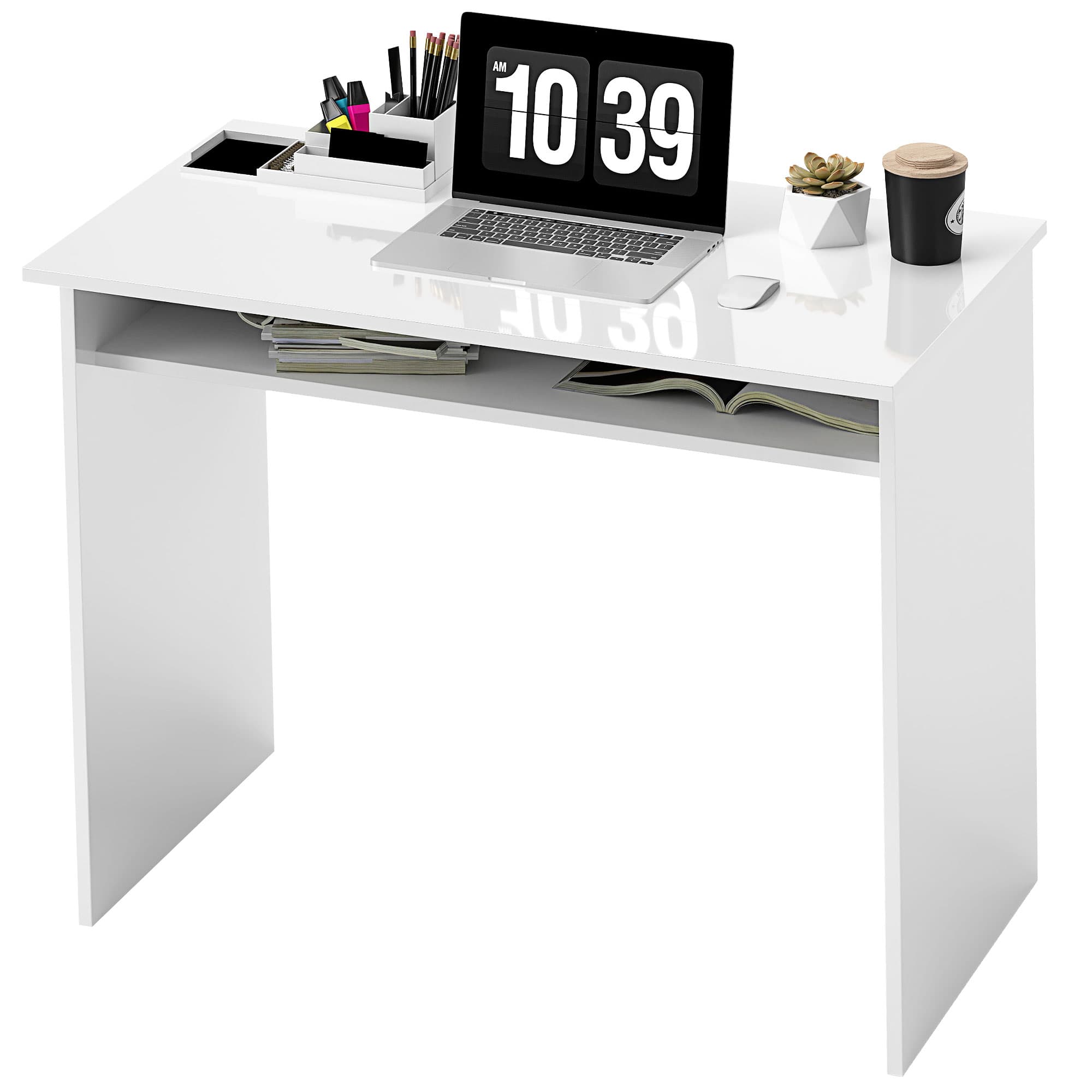 HOMCOM Bureau informatique sobre épuré compact avec 1 étagère, panneaux de particules, dim. 90l x 50P x 74H cm, blanc laqué