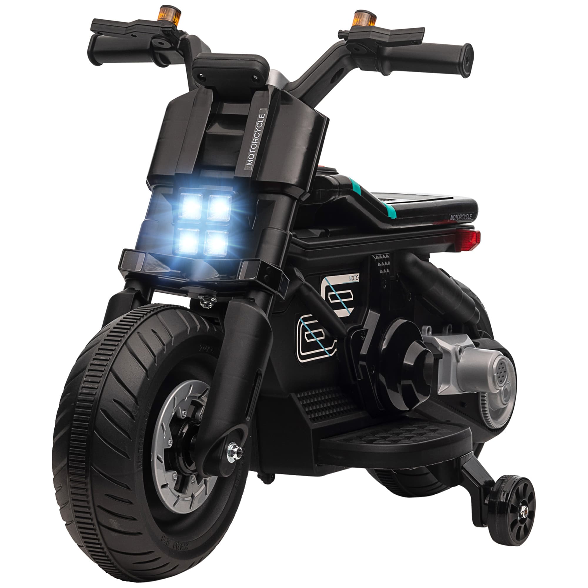 HOMCOM Moto Électrique pour Enfants 3-5 Ans en PP et Métal avec Roulettes, Klaxon et Musique, 86x44x58 cm, Noire