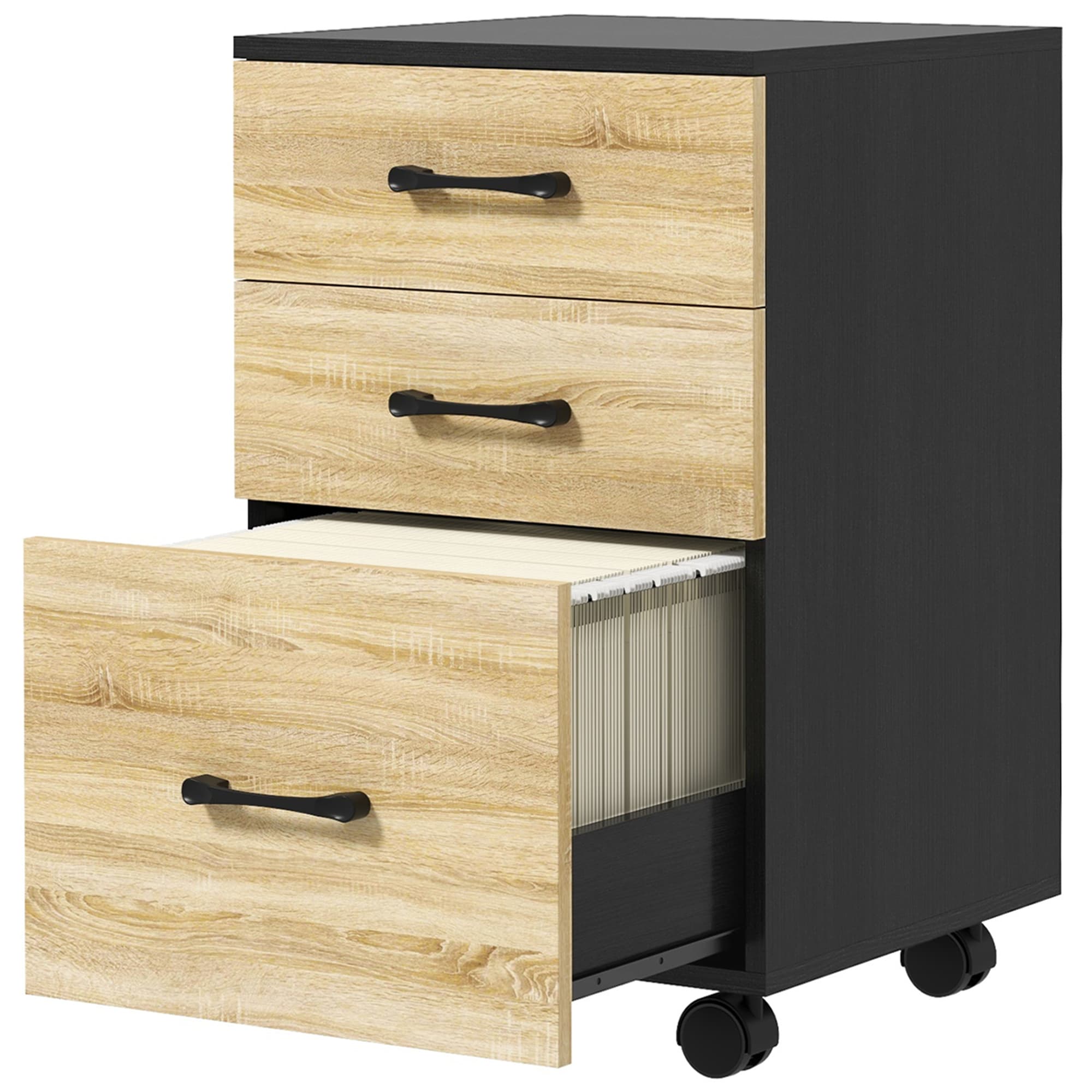 HOMCOM Classeur de Bureau avec 3 Tiroirs et Roulettes, Meuble à Documents avec Barres Réglables, Chêne et Noir