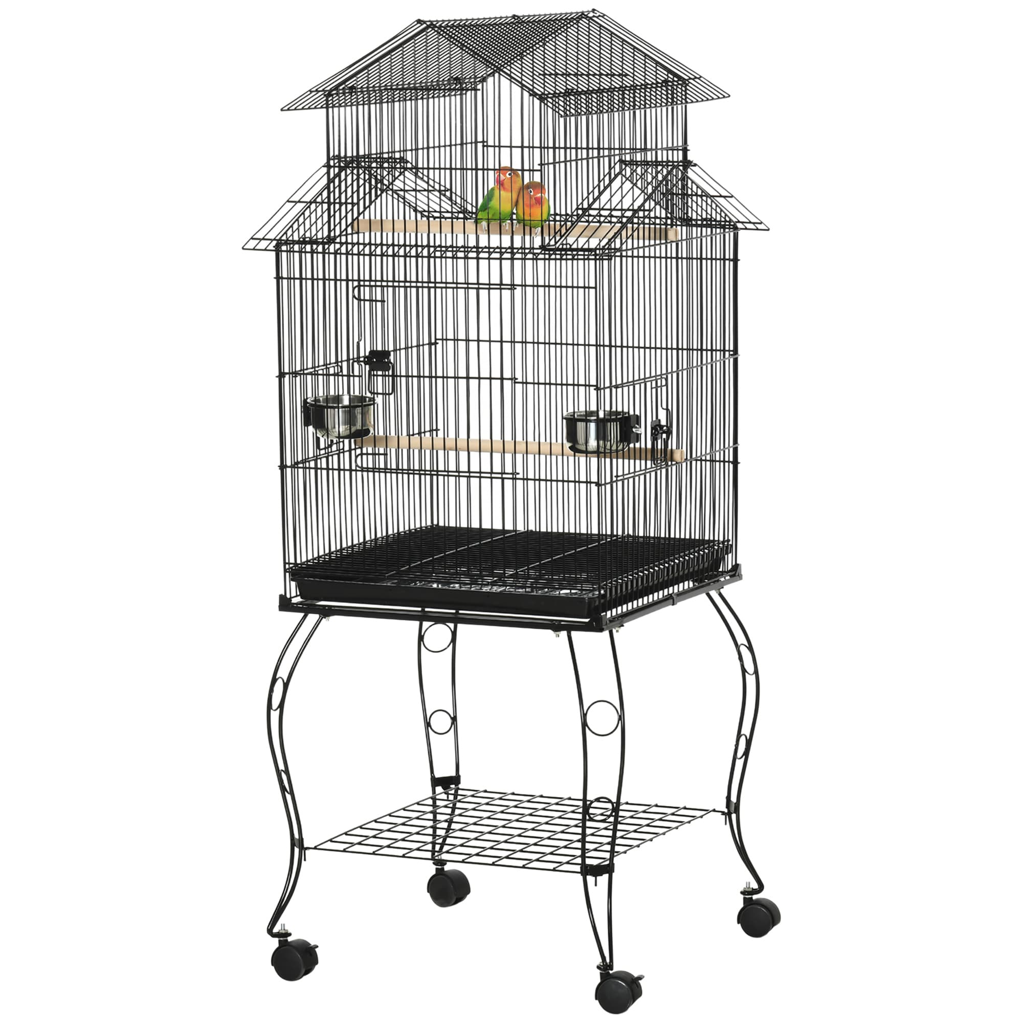 PawHut Cage pour Oiseaux d'Intérieur en Bois avec Plateau, 4 Roues et Perchoir, 50x49x137cm