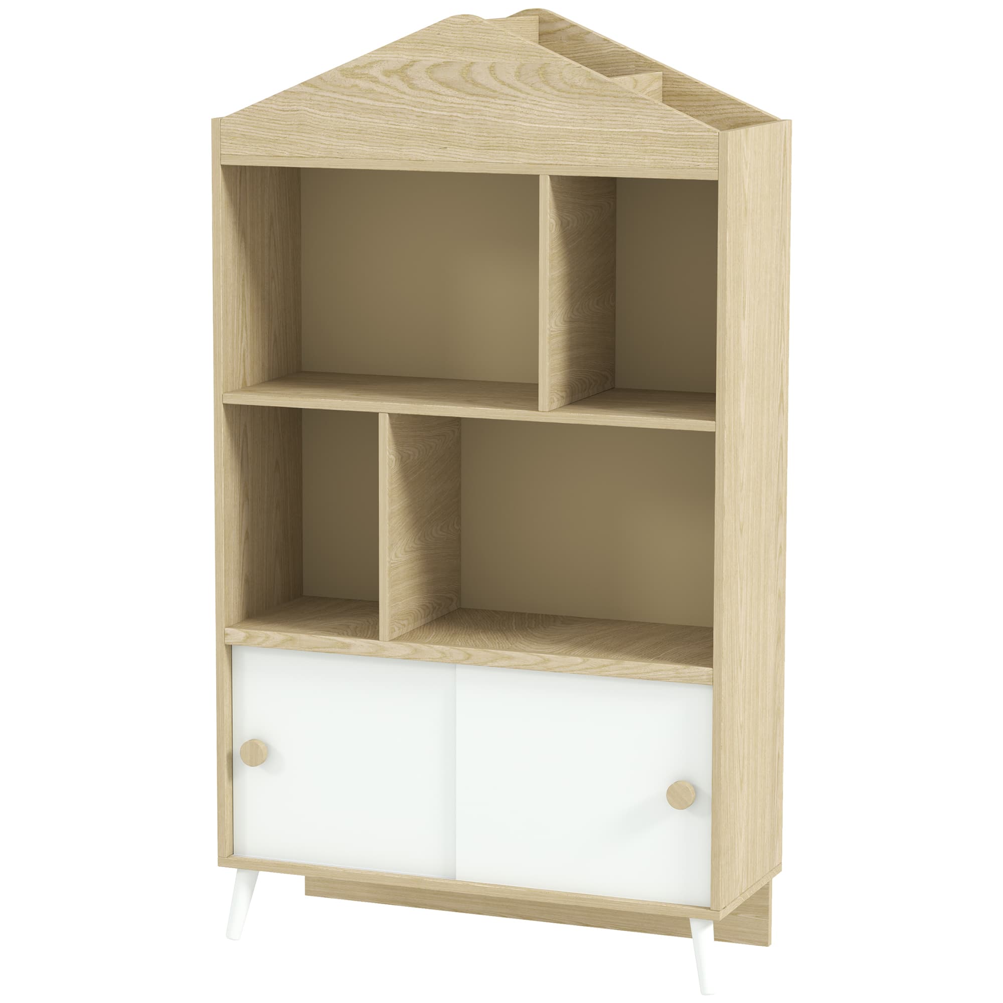 AIYAPLAY Libreria per Bambini en Bois avec Étagères Ouvertes et Casier Inférieur, 80x30x140.5 cm, Blanc et Bois Naturel