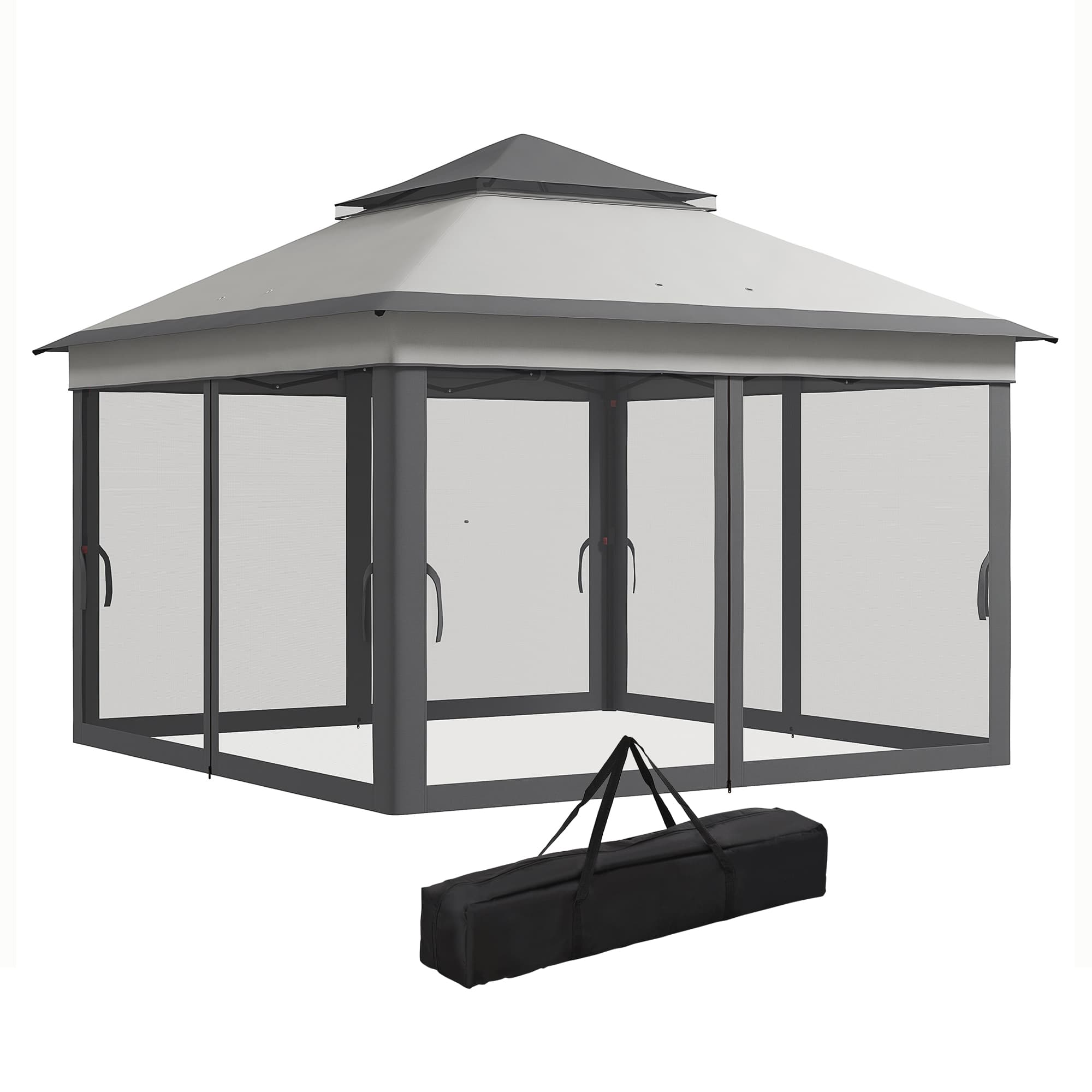 Outsunny Tonnelle avec Moustiquaires Réglable sur 3 Niveaux, en Acier et tissu Oxford, 326x326x272 cm, Gris Clair et Foncé