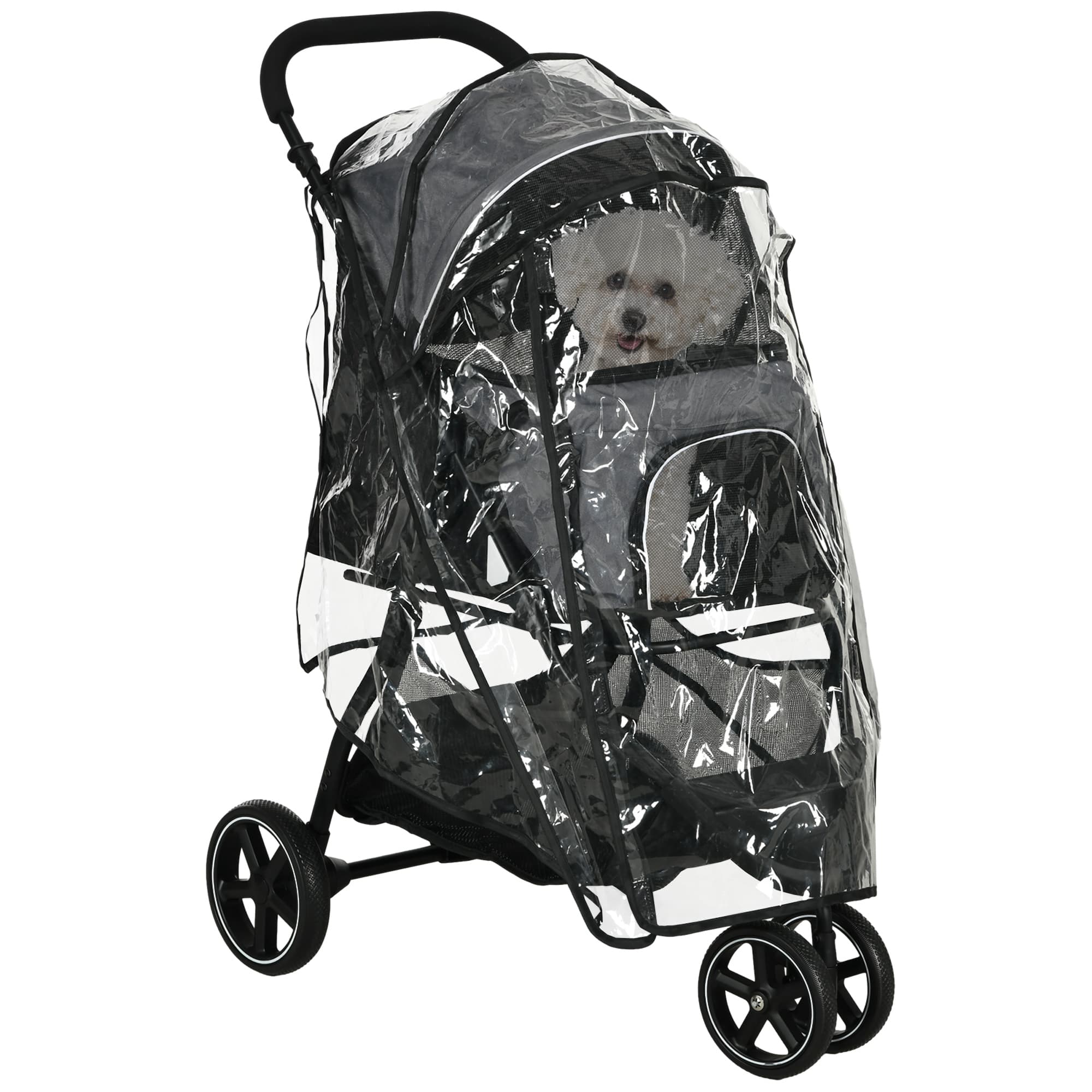 PawHut Poussette pour chien Haustierwagen, pliable, housse de pluie, 2 laisses de sécurité, 83cm x 55cm x 101cm, Gris + Noir