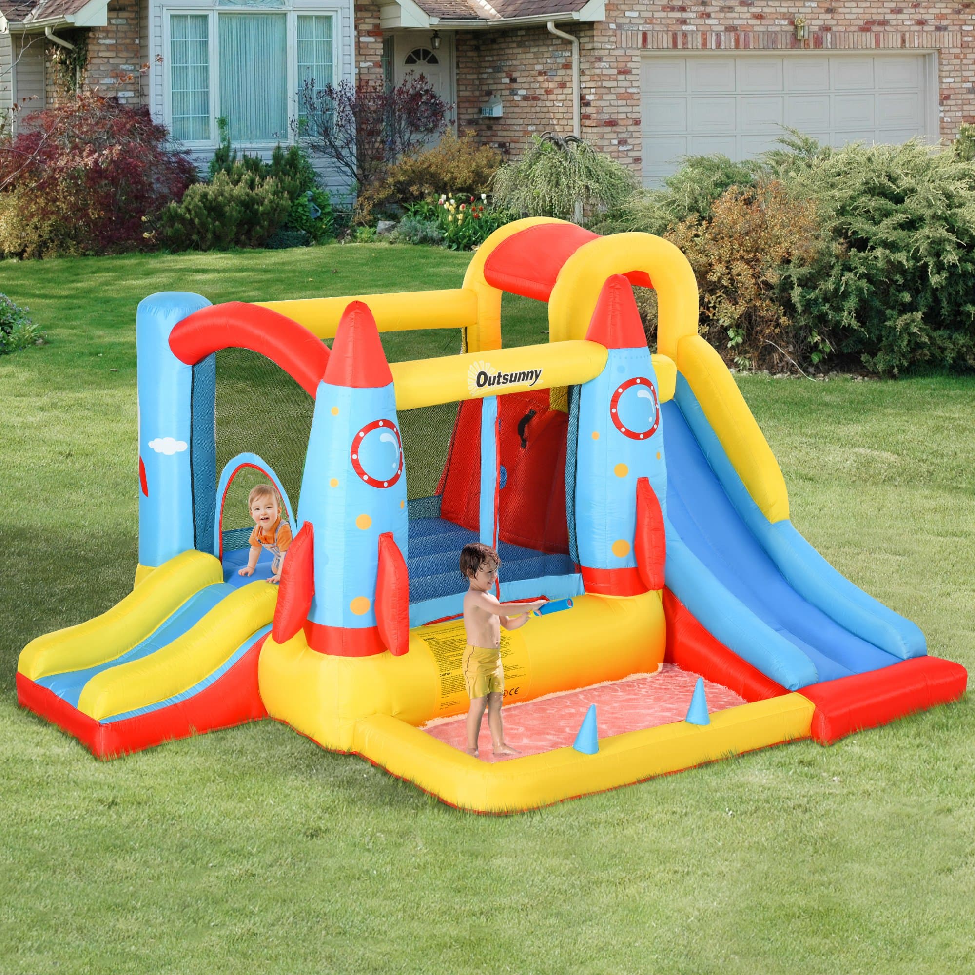 Outsunny Château Gonflable avec 2 Toboggans Trampoline et Piscine pour Enfants +3 Ans avec Pompe et Sac de Transport pour Intérieur Extérieur 330x265x185 cm Multicolore