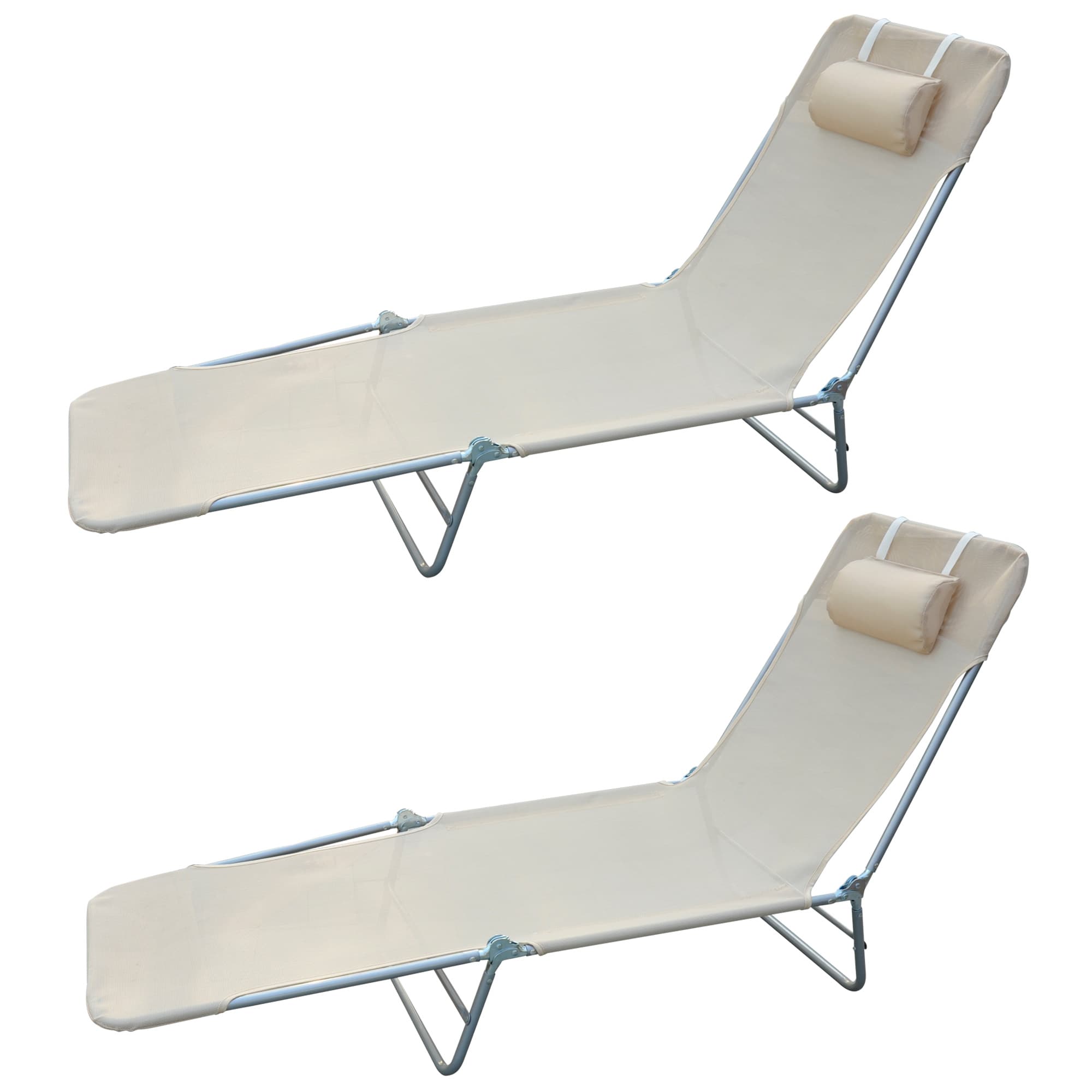 Outsunny Set 2 Chaises Longues de Jardin Pliables avec Dossier Inclinable à 4 Niveaux, Métal et Tissu en Maille, Beige