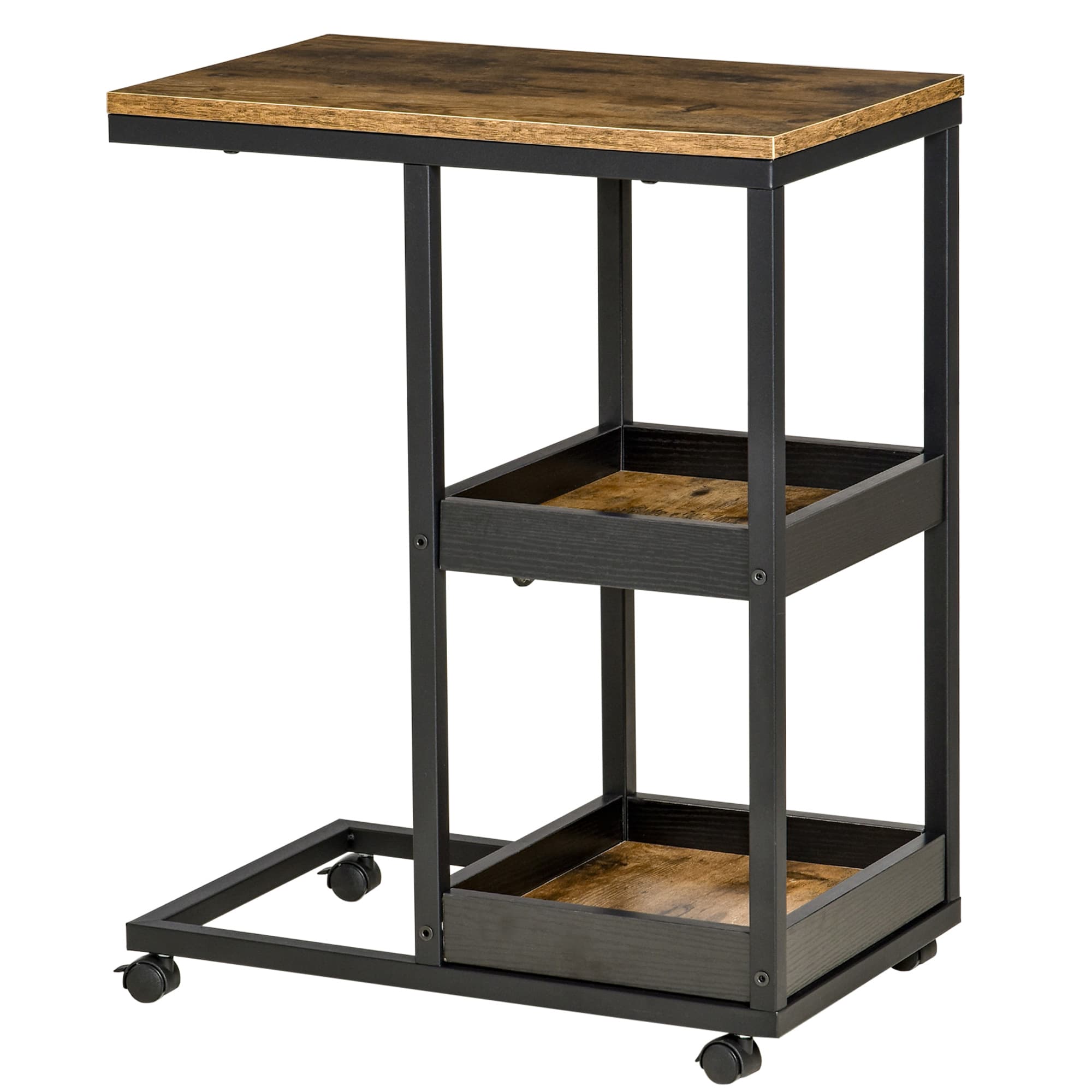 HOMCOM Table d'Appoint avec Roulettes pour Canapé ou Lit, Style Industriel, Acier et Bois, Marron et Noir