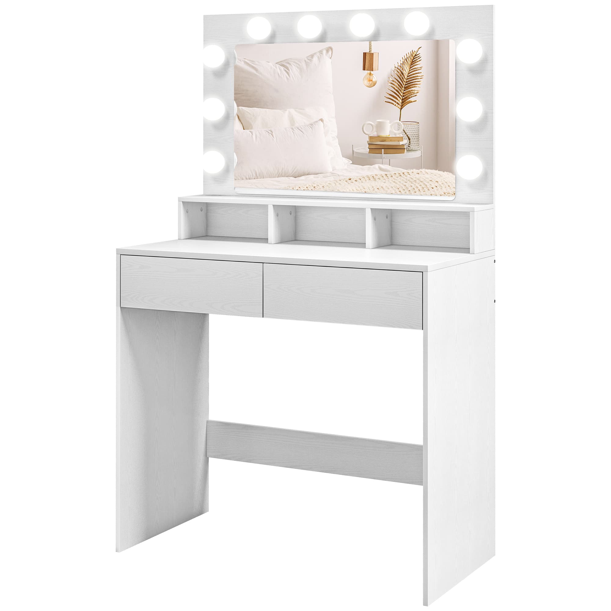 HOMCOM Table de maquillage avec miroir éclairé, tiroirs, 3 options d'éclairage, 10 ampoules, coiffeuse moderne en Blanc