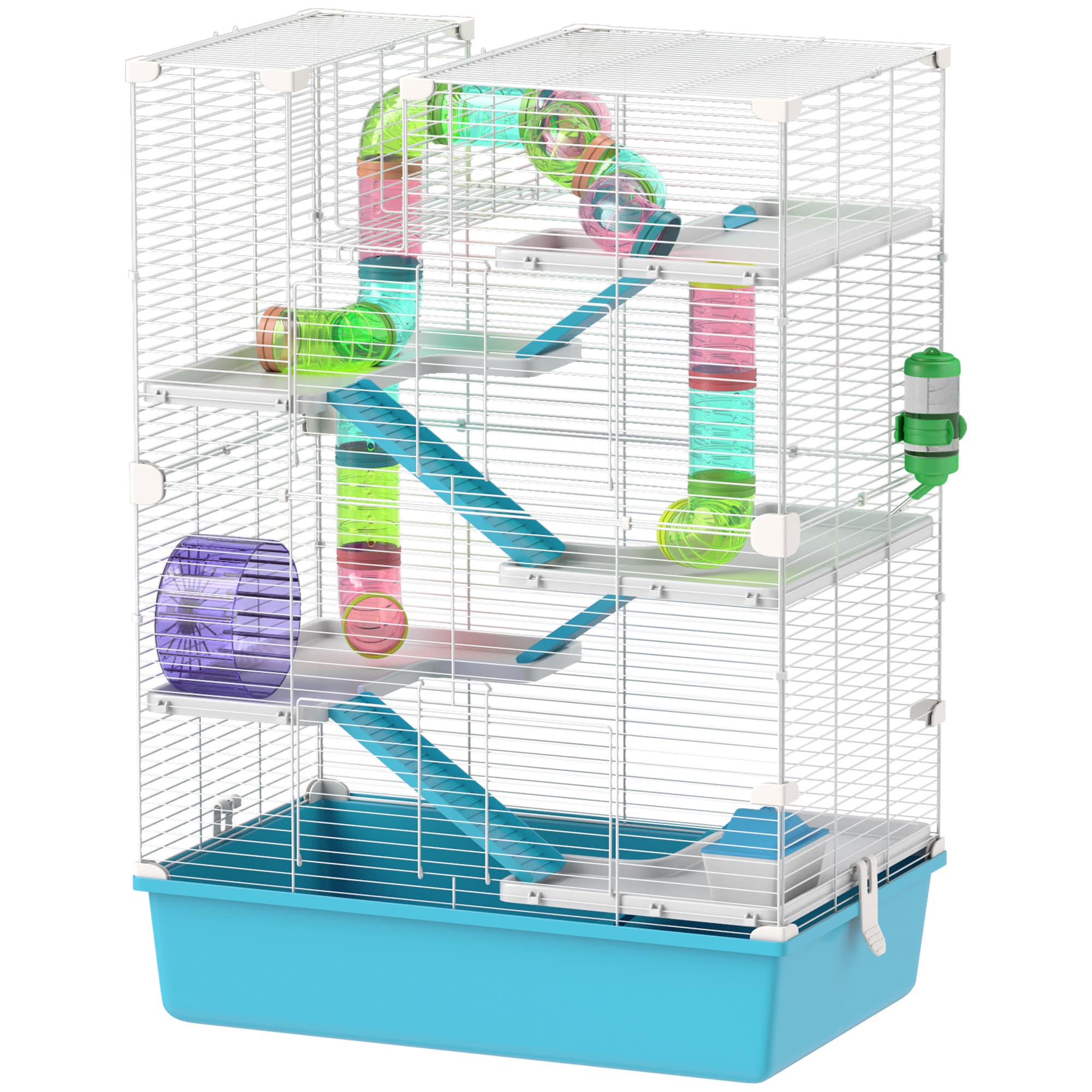 PawHut Cage pour hamster à 6 étages avec tubes, tunnels, cabane, roue d'exercice, gamelle et bouteille d'eau, Bleu clair