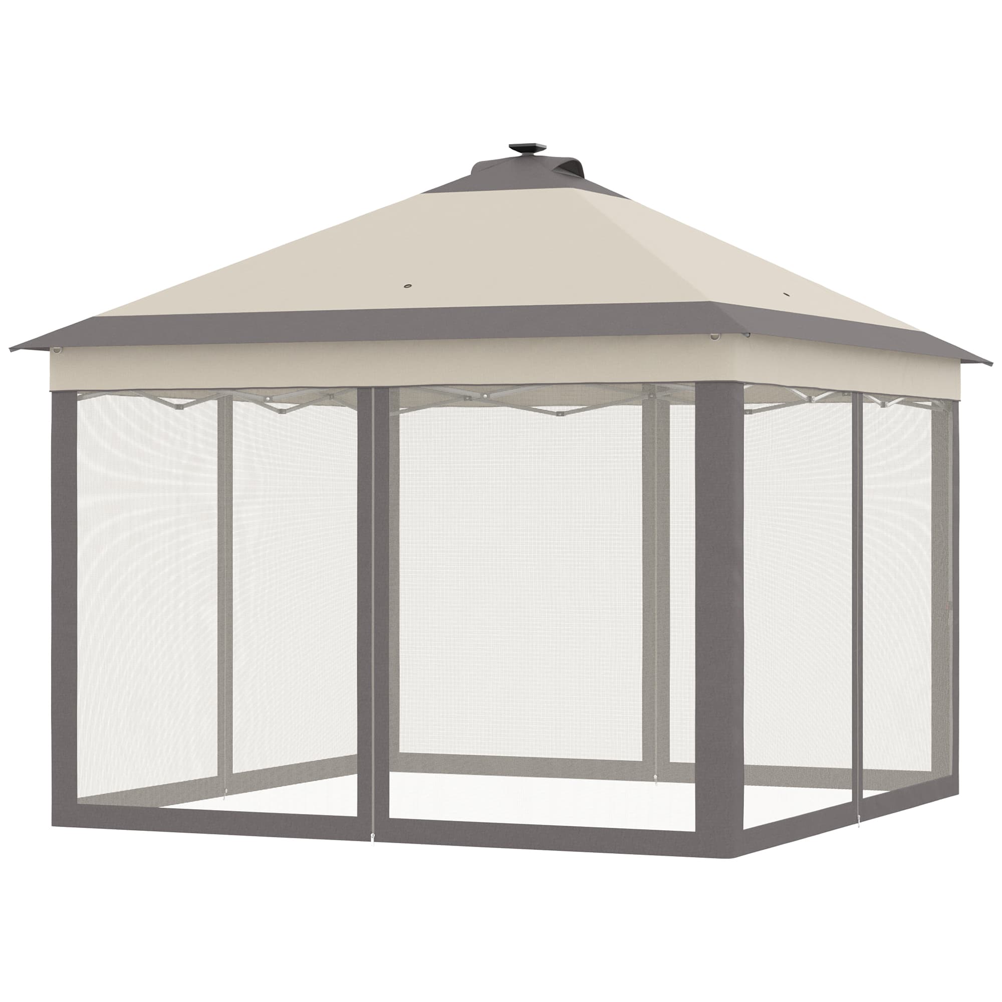 Outsunny Tente Pliante avec Lumières LED 3,3x3,3 m Tonnelle de Jardin avec Télécommande avec 4 Moustiquaires Hauteur Ajustable Beige