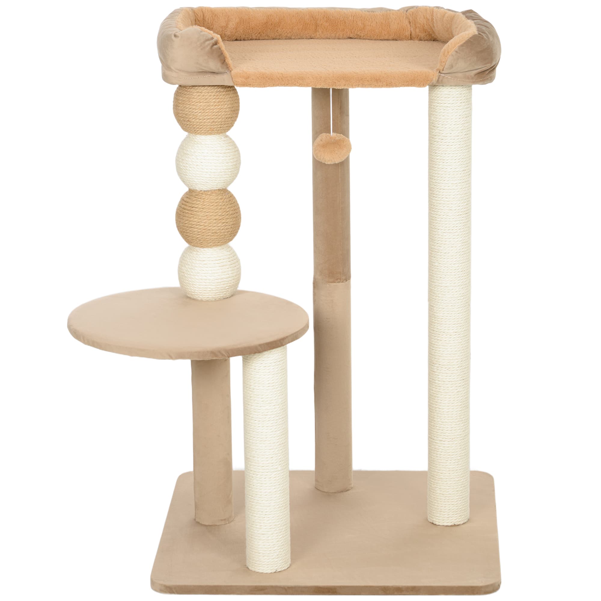 PawHut Arbre à Chat avec 2 Niveaux, Balle de Jeu, Poteaux à griffer, Balles de grattage, jusqu'à 7 kg, 56 x 54 x 86 cm, Marron