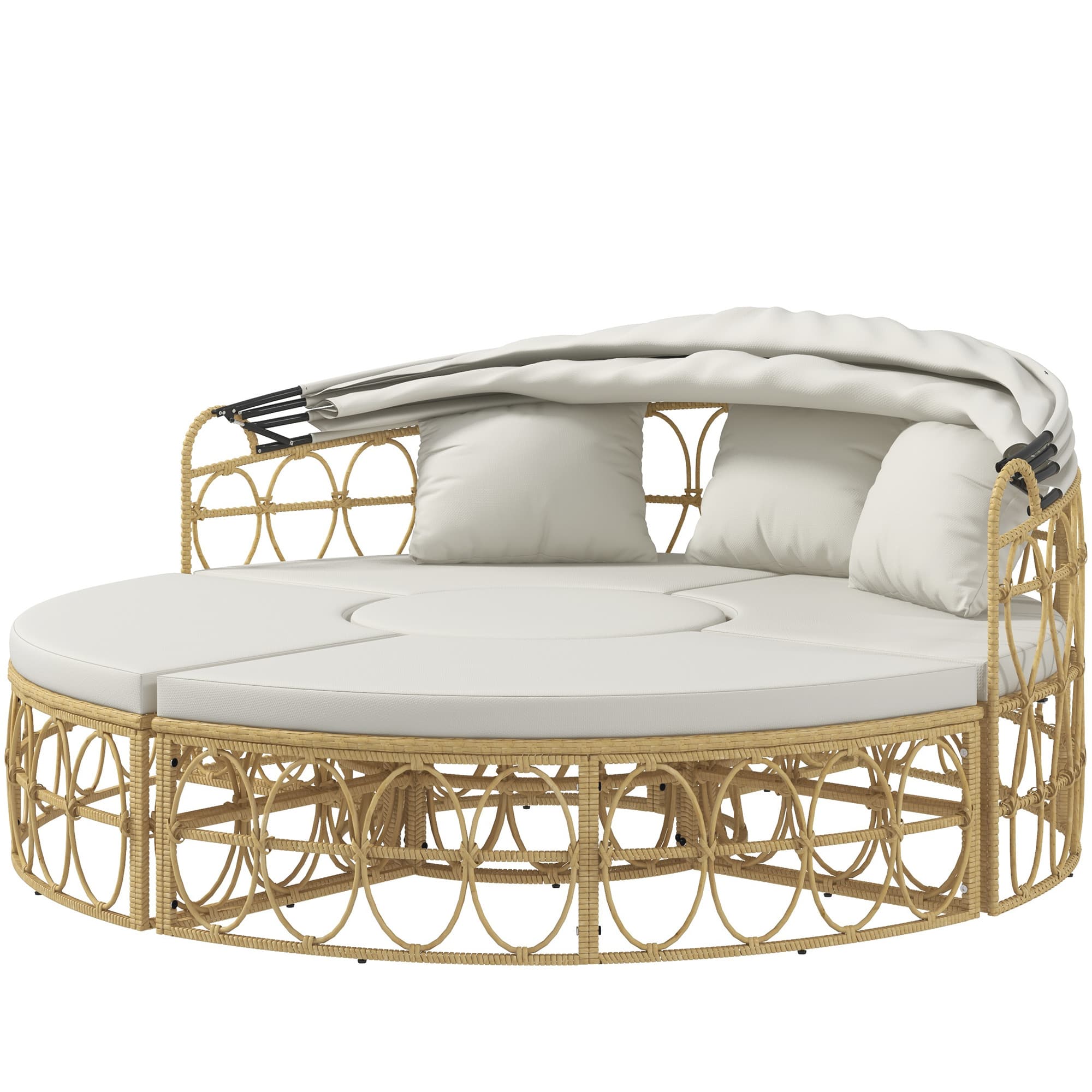 Outsunny Îlot de Soleil, 4 pièces, auvent rétractable, 5 coussins, aspect rotin, 178L x 85P x 66,5H cm, Beige