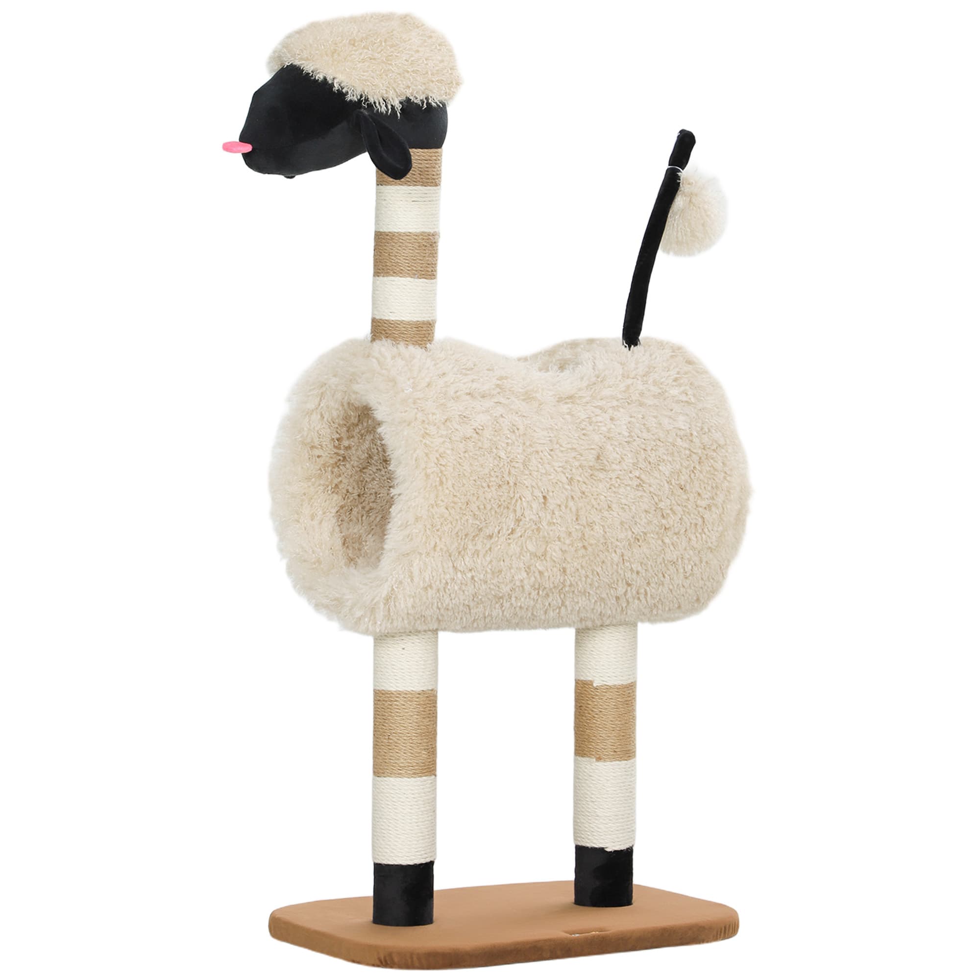 PawHut Arbre à chat au design de mouton, avec poteaux à griffer, tunnel et jouet, 98 cm, Marron clair