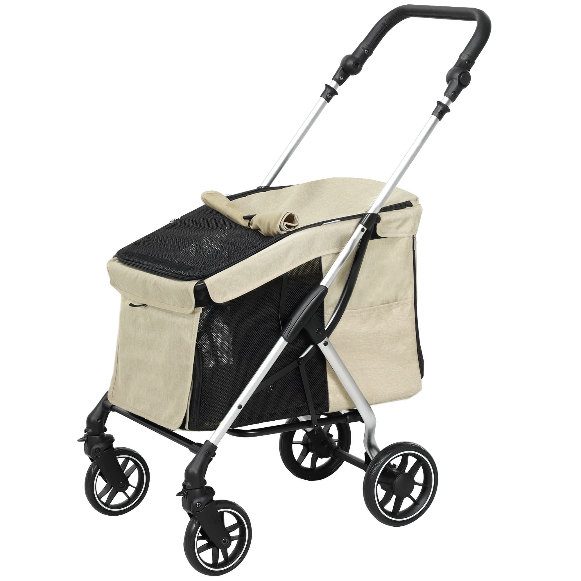 PawHut Poussette pour Animaux Légère et Pliable pour Chiens de Petite Taille avec Ventilation Optimale 80x48,5x106 cm Kaki et Argent
