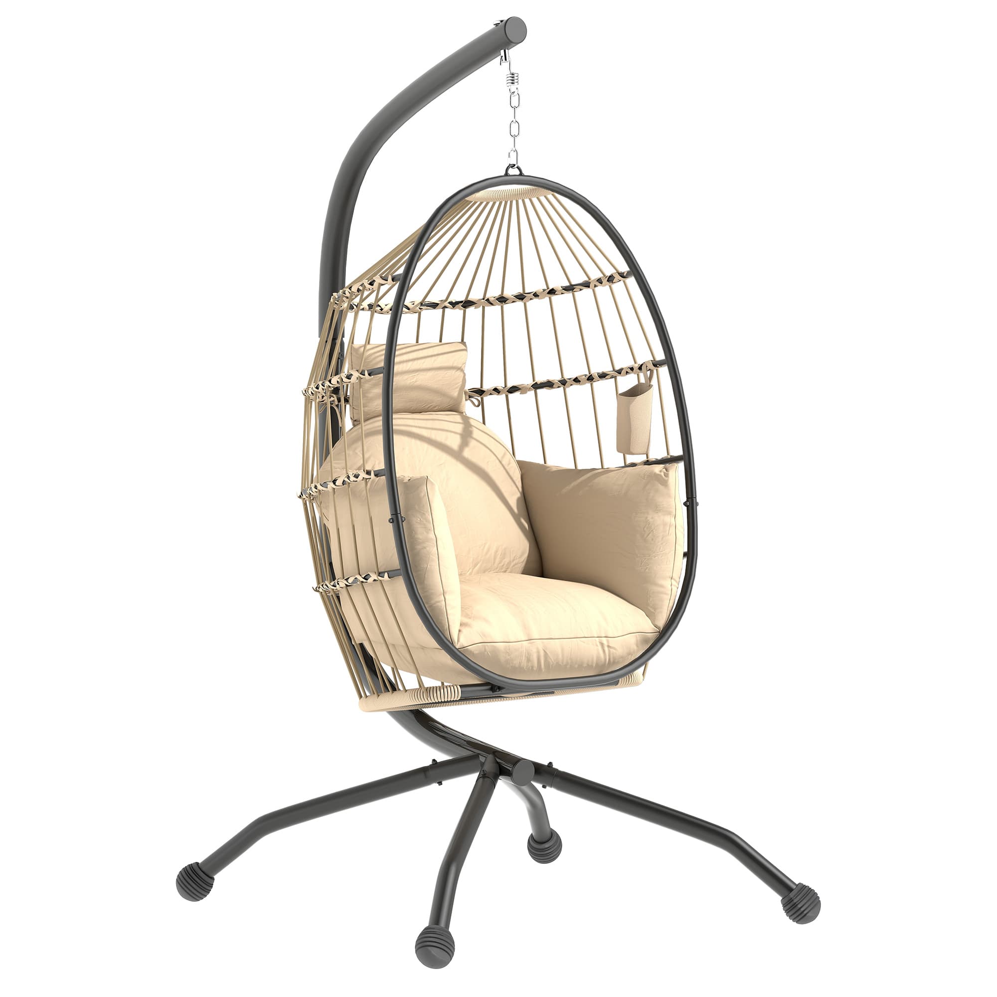 Outsunny Fauteuil oeuf suspendu, intérieur et extérieur, panier pliable, coussin rembourré, cadre en acier, beige