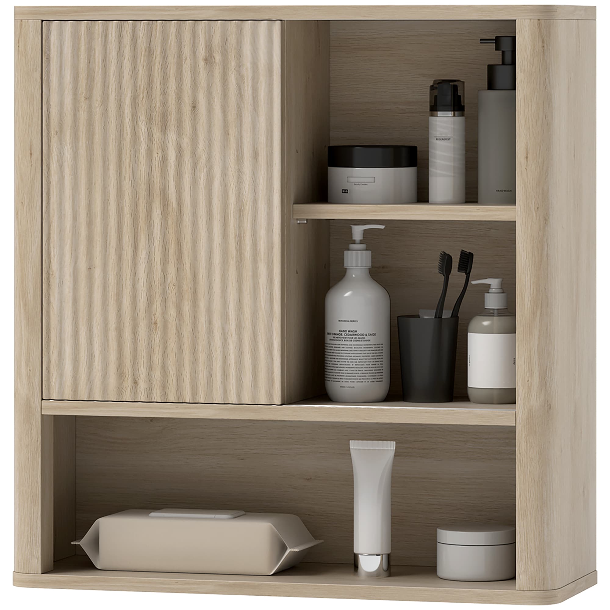 HOMCOM Armoire murale salle de bain avec étagères réglables, porte coulissante et étagères ouvertes, bois naturel