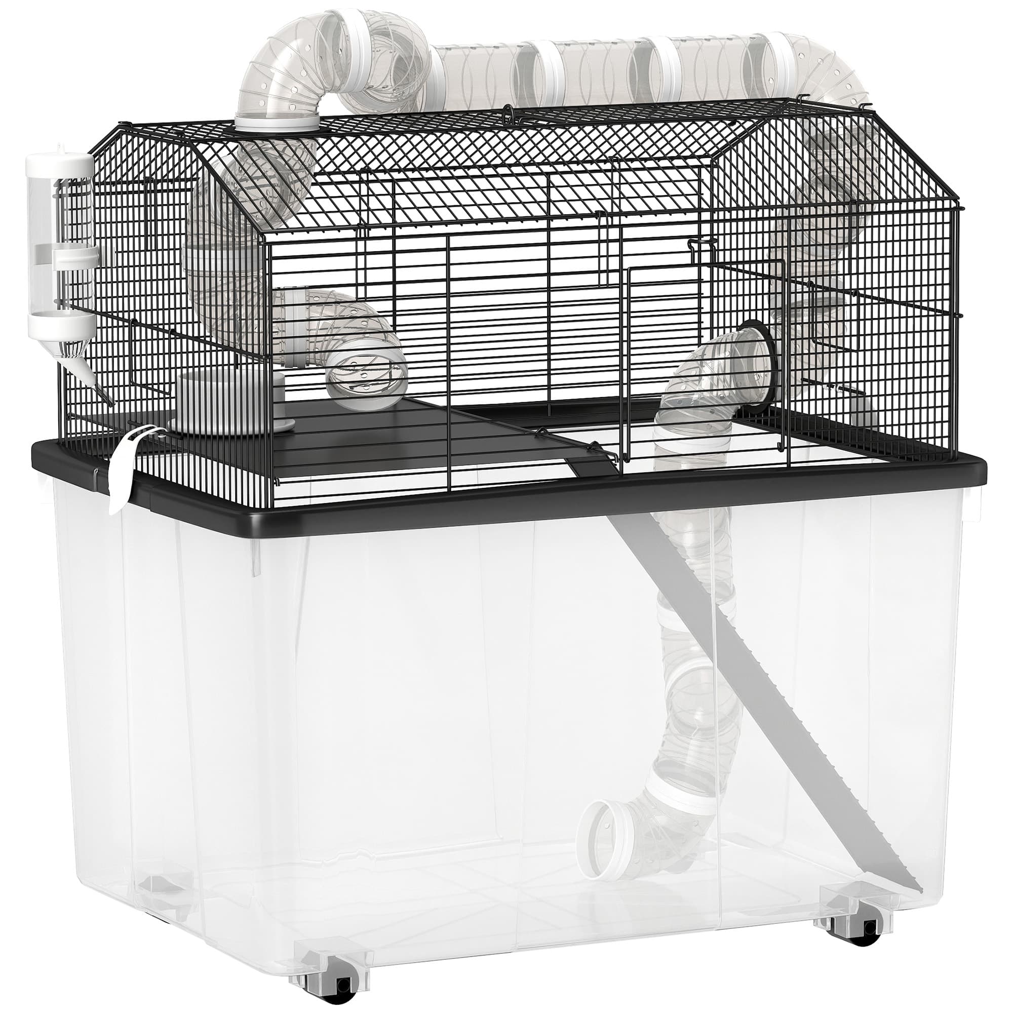 PawHut Cage pour hamster portable cage pour hamster avec rampe, gamelle, bouteille d'eau système de tuyaux 58 x 43 x 57 cm noir