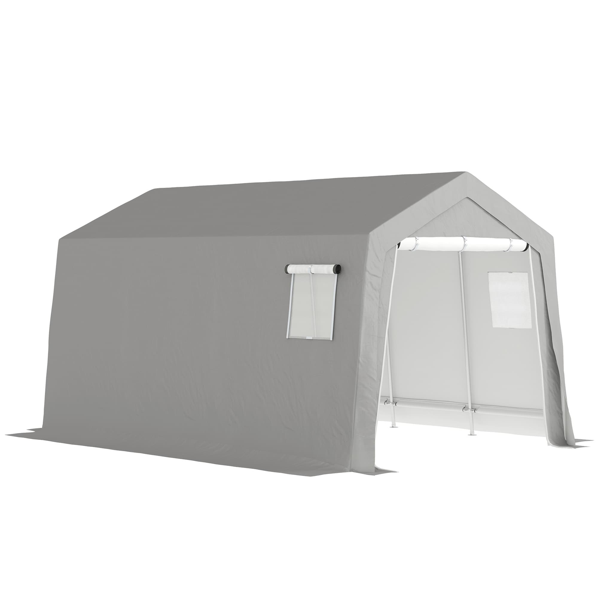 Outsunny Abri de Rangement Extérieur 3 x 4,5 m, tente de stockage étanche et anti-UV, porte enroulable, fenêtres, gris