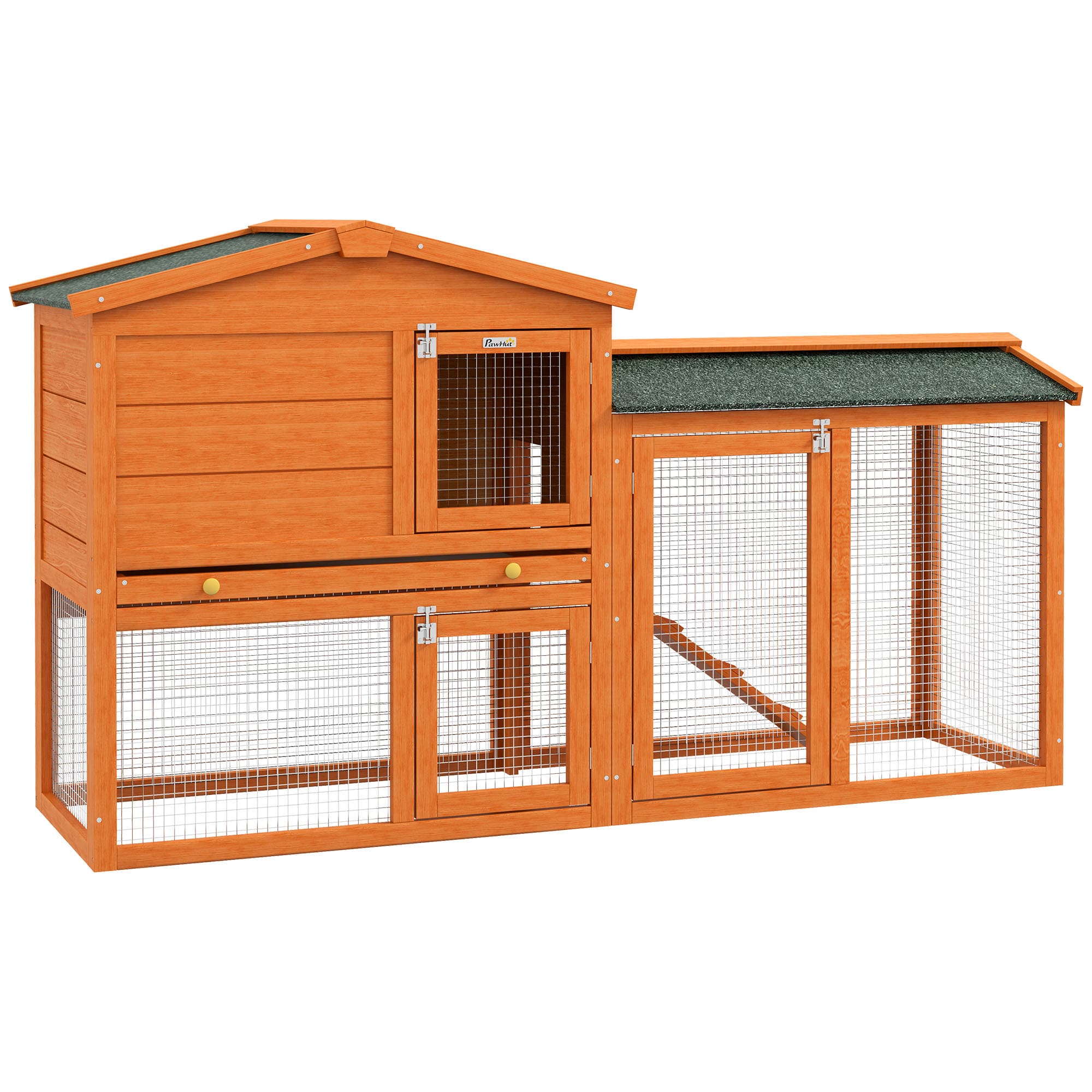 PawHut Clapier cage à lapins rongeurs 2 niveaux 3 portes verrouillables tiroir à déjection 150L x 45l x 85H cm bois massif sapin