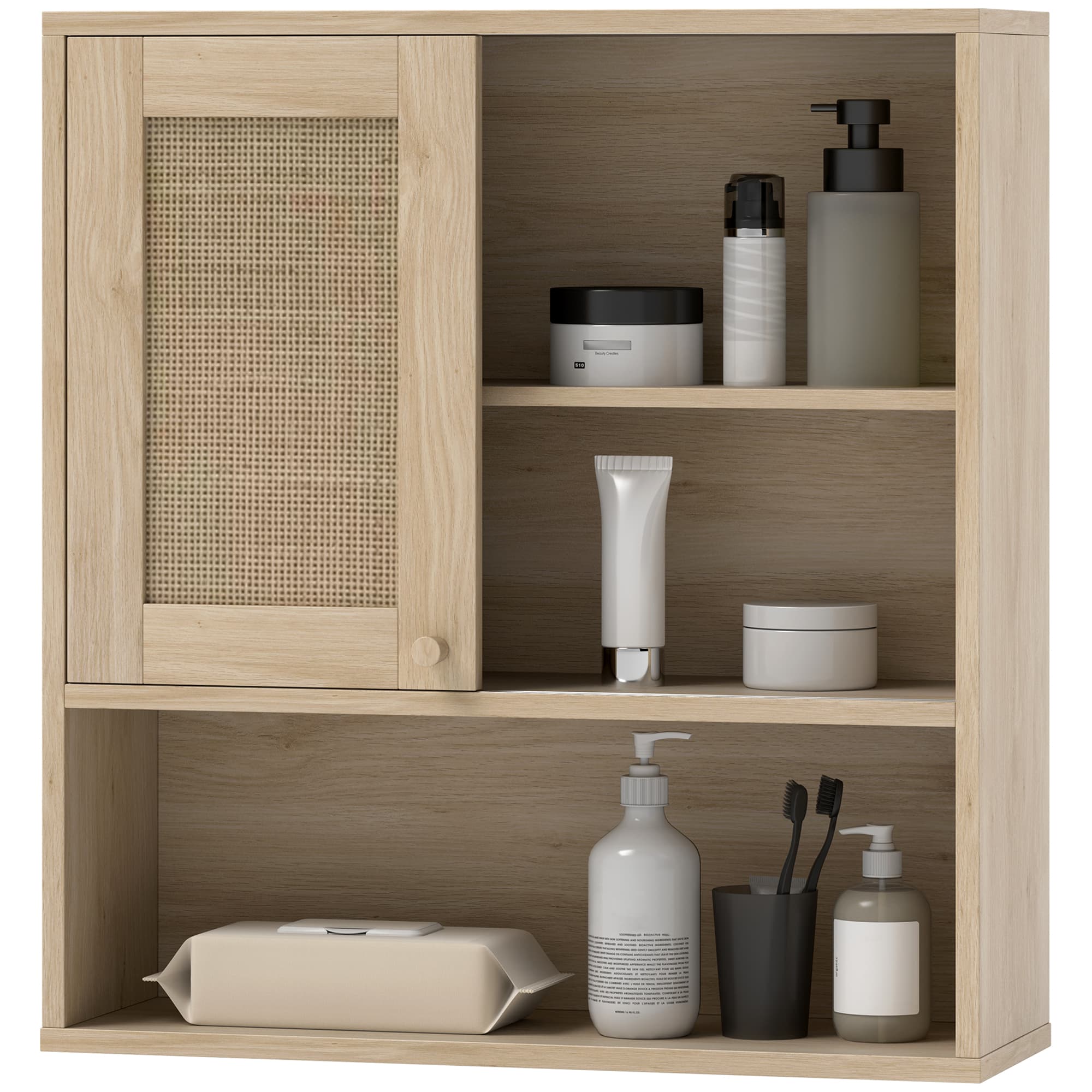 HOMCOM Armoire murale, meuble haut salle de bain avec porte coulissante en rotin et étagères ouvertes, bois naturel