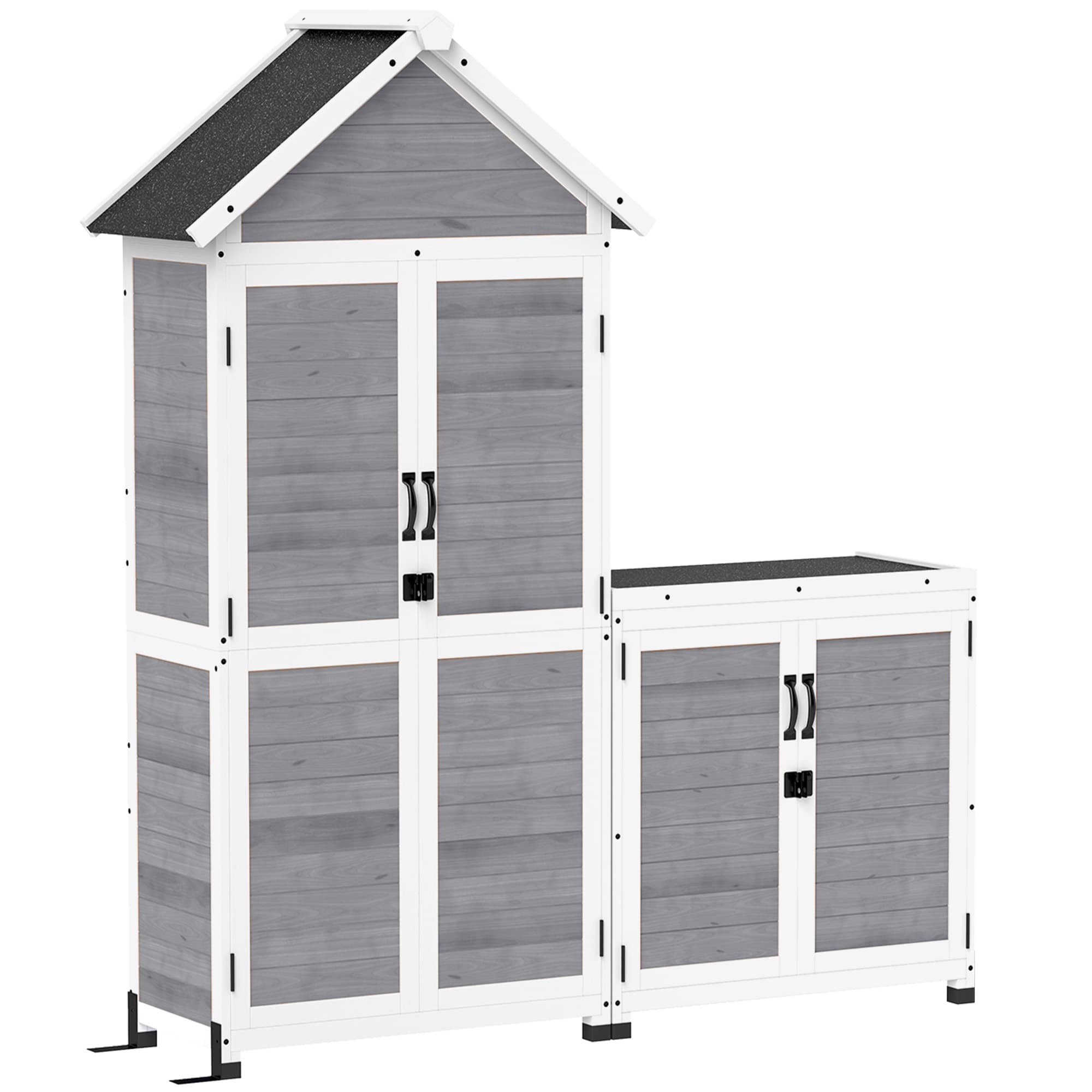 Outsunny Abri de jardin et armoire de rangement en bois avec toit incliné en asphalte, étagères et portes verrouillables, gris