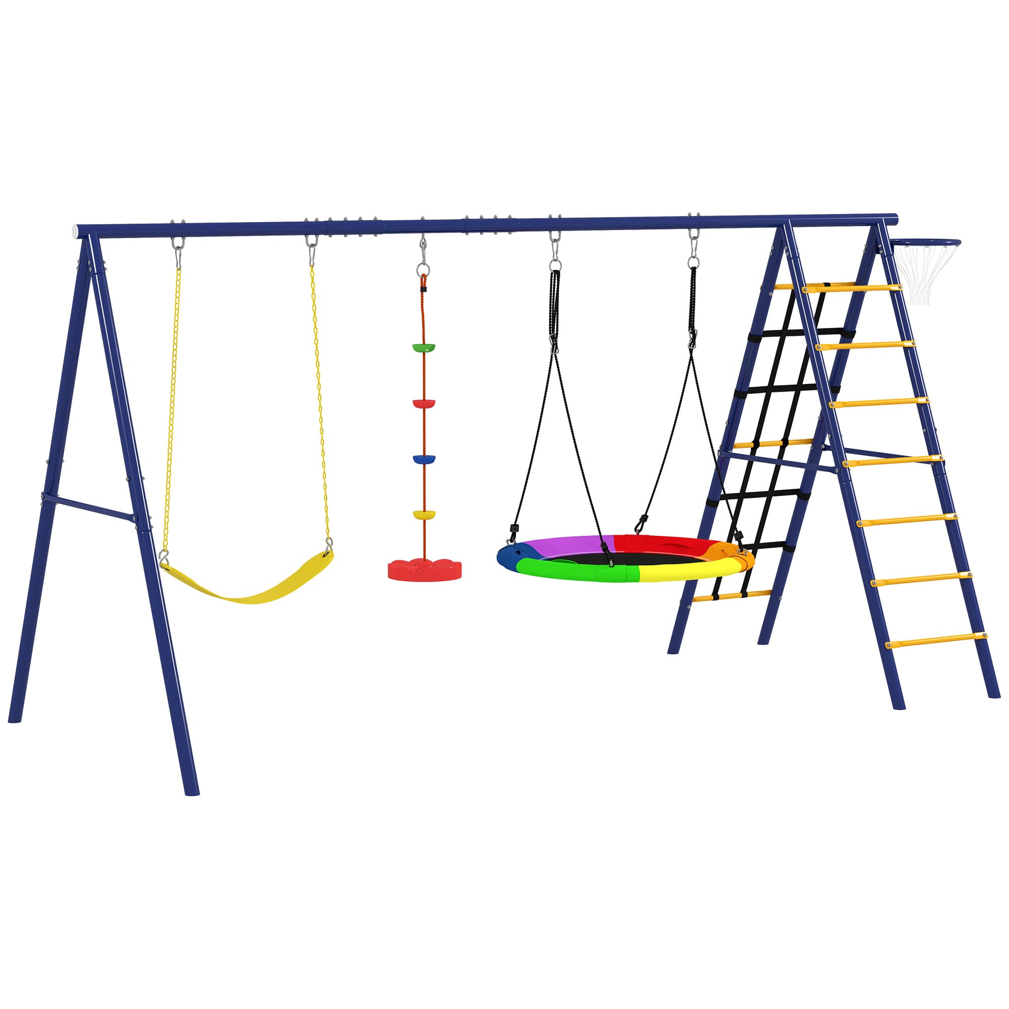 AIYAPLAY Portique balancoire exterieur 6 en 1 avec 3 balançoires, panier de basket, échelle d'escalade et filet, multicolore